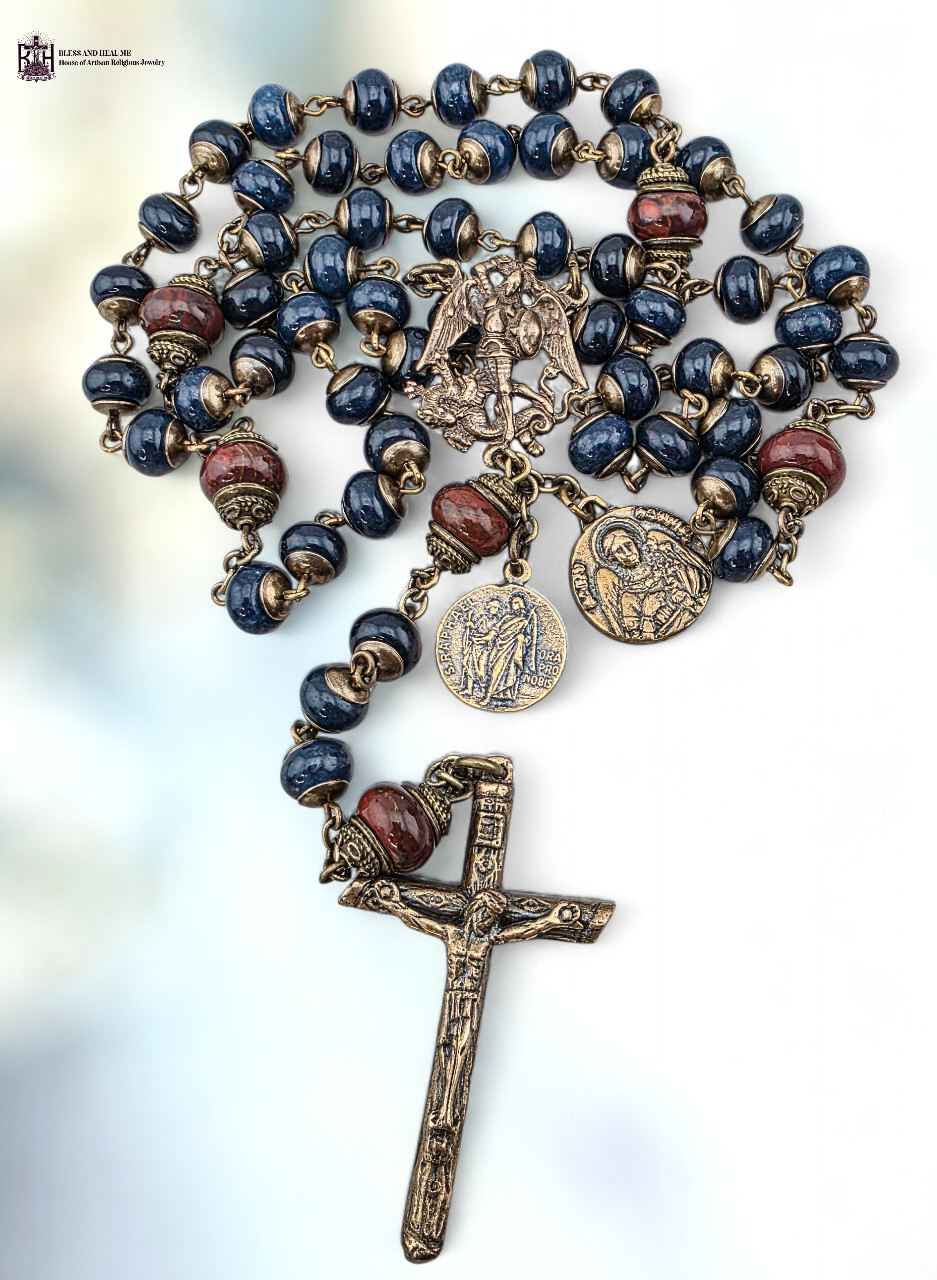 3 Archangels Michael Raphael Gabriel Rosary- Bronze Heirloom | Blue Jade