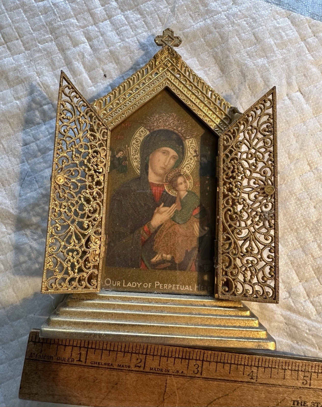 Vintage Magnificent Ornate Bronze Framed Catholic Icon Our Lady Perpetual Help