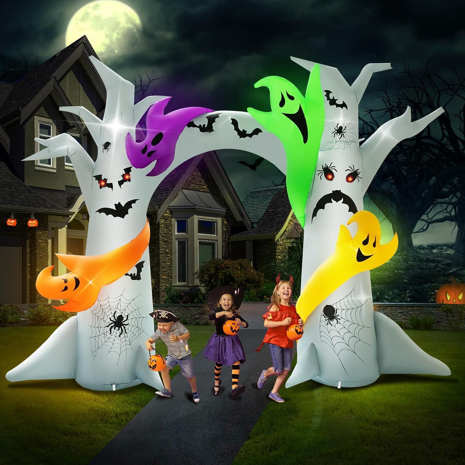 14FT Length X 10FT Tall Halloween Inflatable Tree Arch with 4 Colorful Ghosts, H