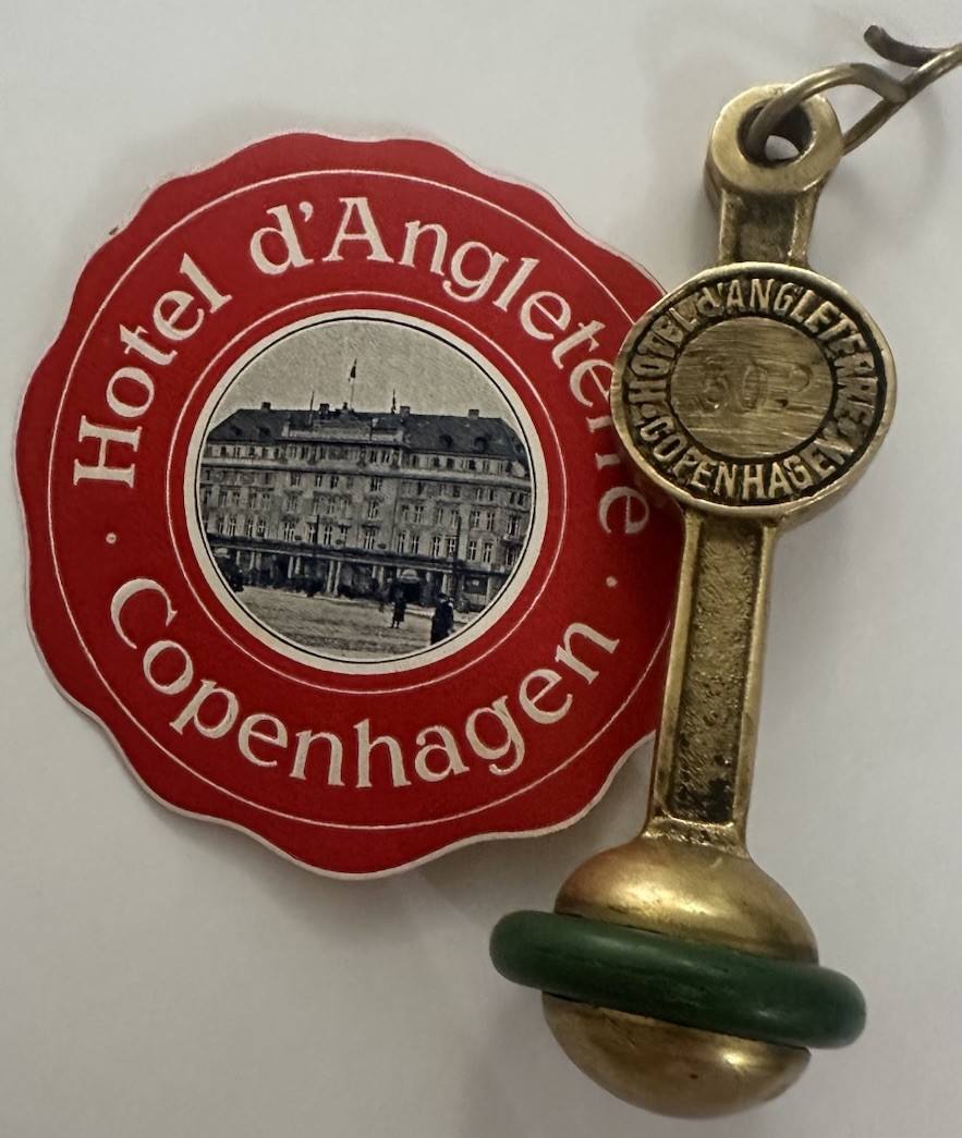 Hotel D'Angleterre Copenhagen Denmark 5” Brass Hotel Room Key #302 Fob w/ Label
