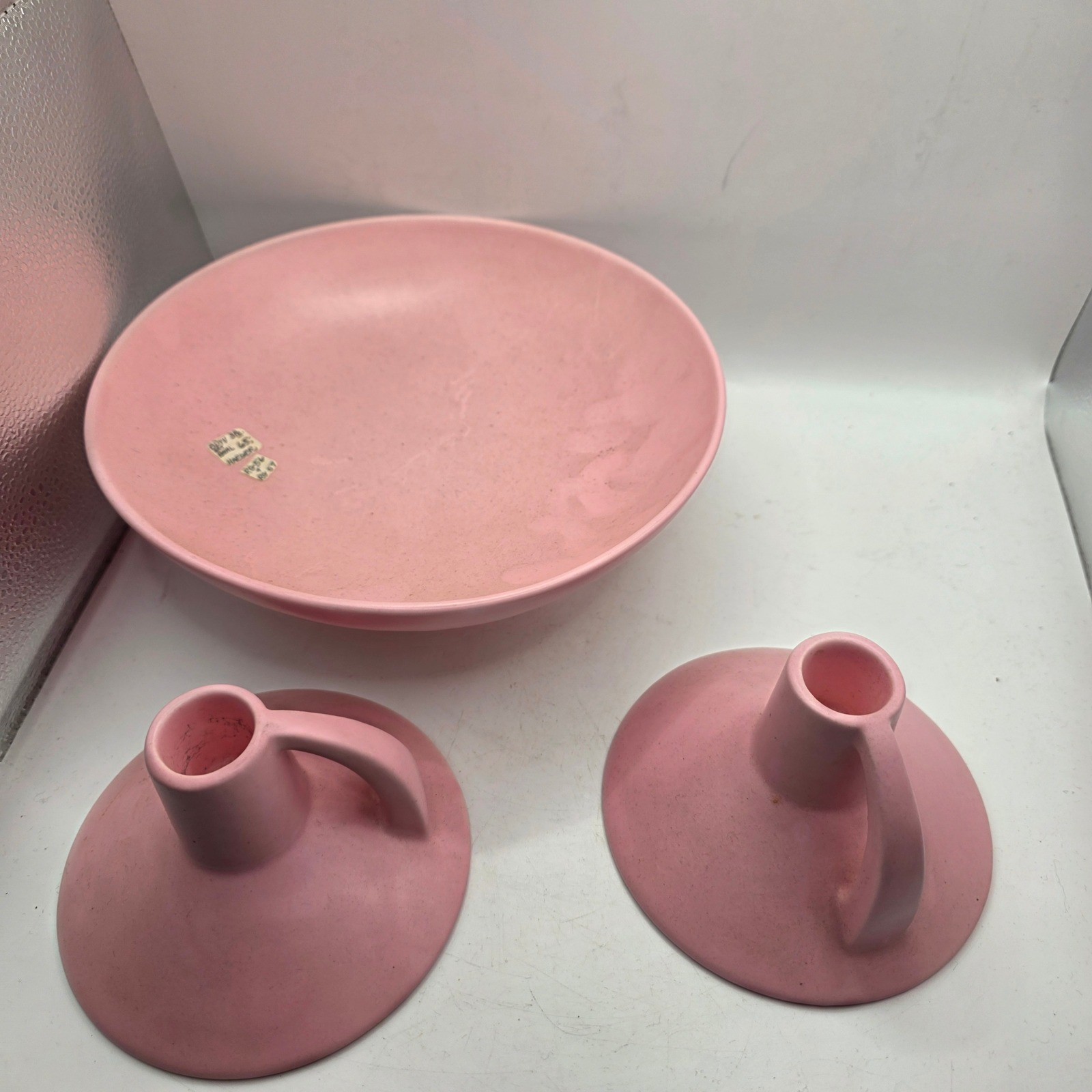 Royal Haeger Pink Matte Console Set 3pc Bowl RG-56 Candle Holders RG-57 MCM