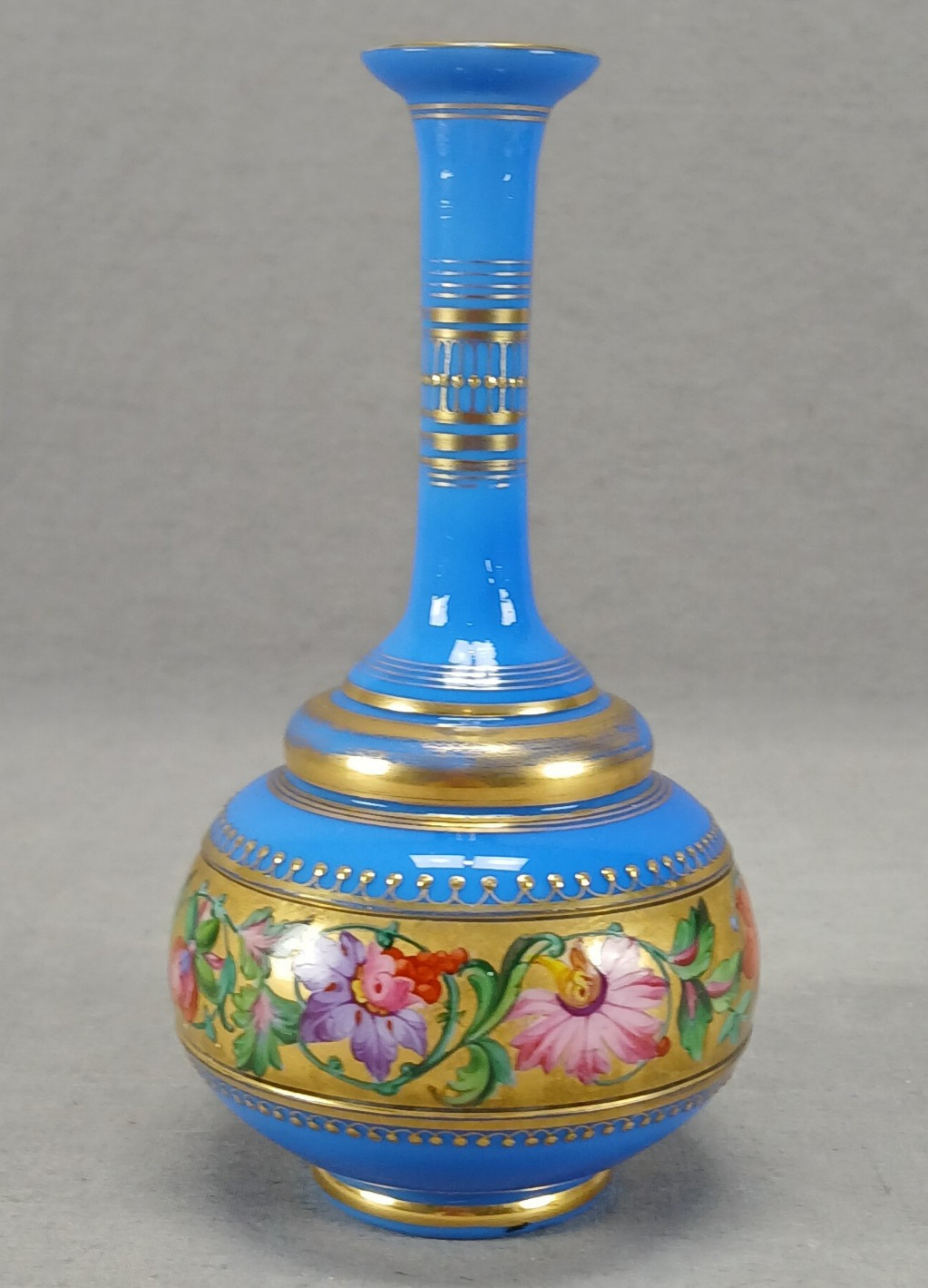 Antique Bohemian Enameled Floral & Gold Beaded Blue Cased White Perfume Bottle Antique Bohemian Enameled Floral & Gold Beaded Blue Cased White Perfume Bottle