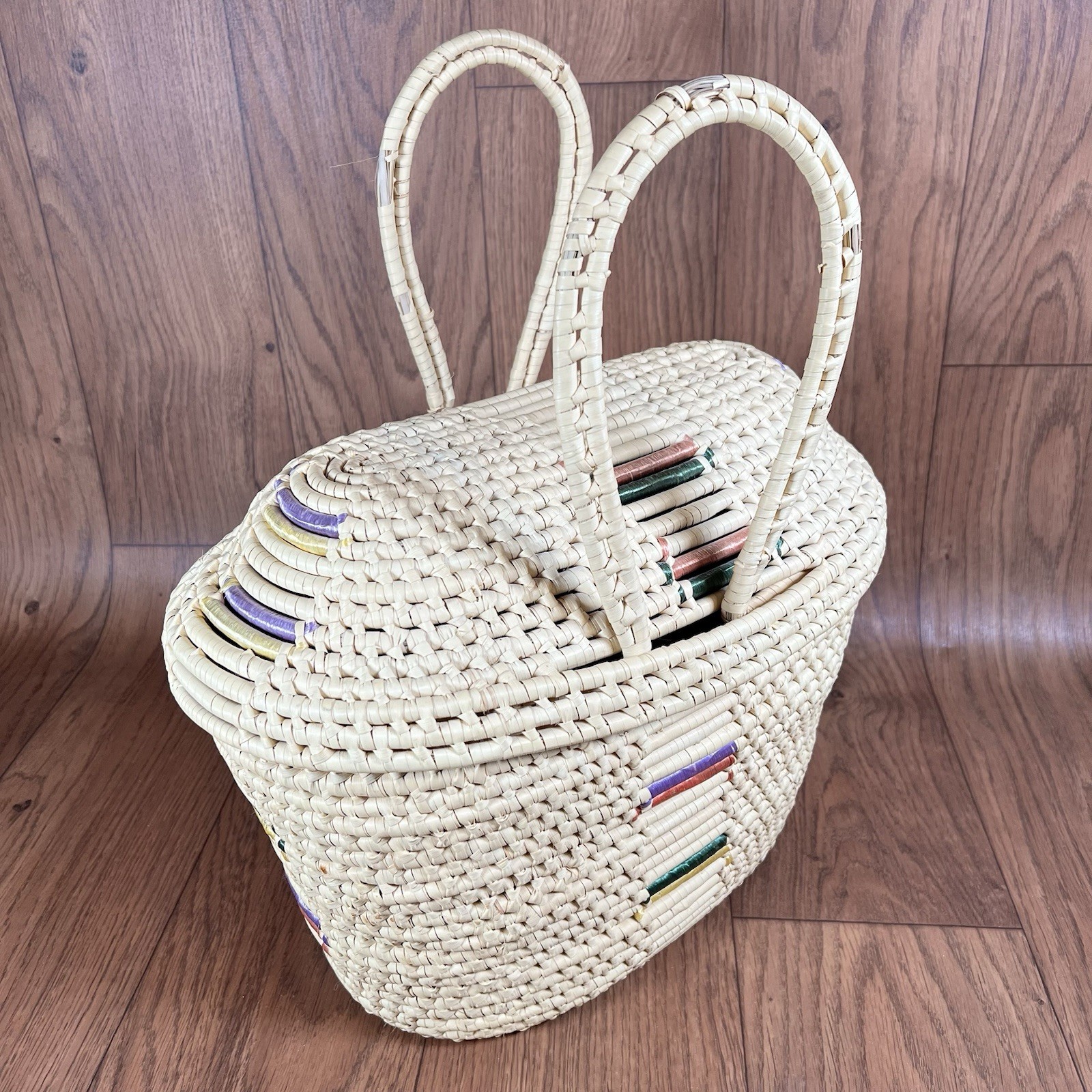 Handmade Oval Woven Coiled Basket w/ Handles, Lid & Color Accents  16” 14\
