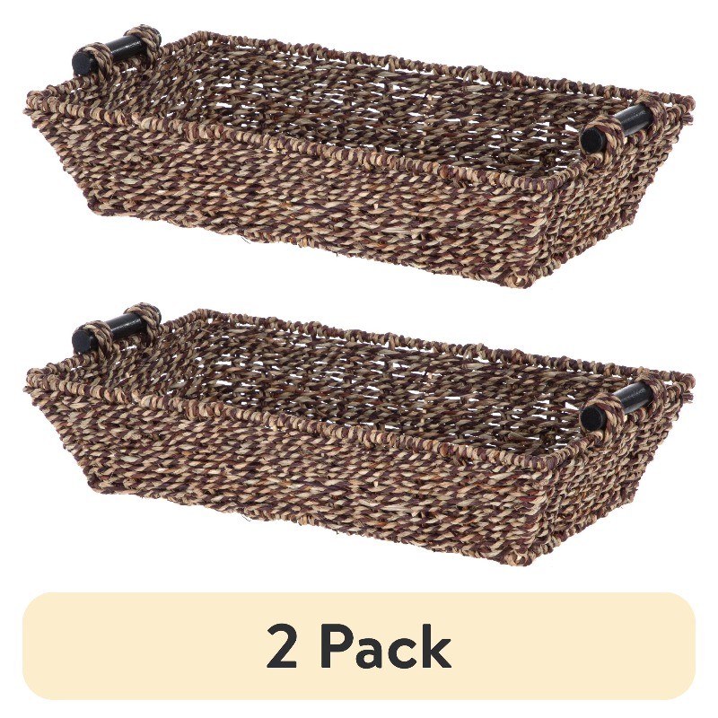 (2 pack) Mainstays Rectangle Brown Seagrass Basket with Wood Handles