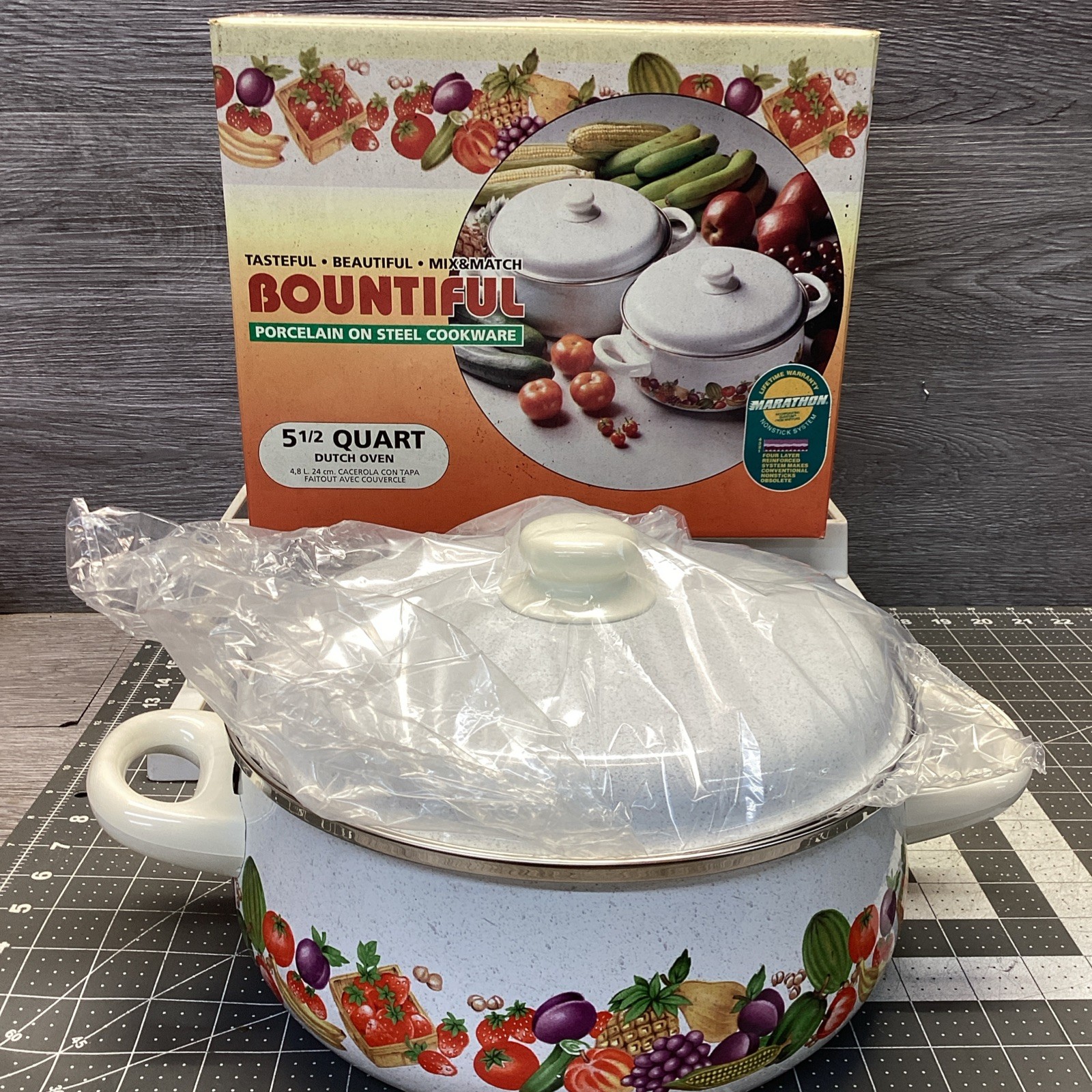 Vintage Bountiful Porcelain on Steel Dutch Oven Cookware Pot 5.5QT Fruit  NIB