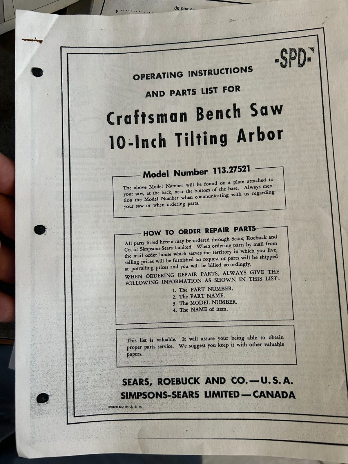 OPERATING INSTRUCTIONS & PARTS LIST CRAFTSMAN BENCH SAW 10\