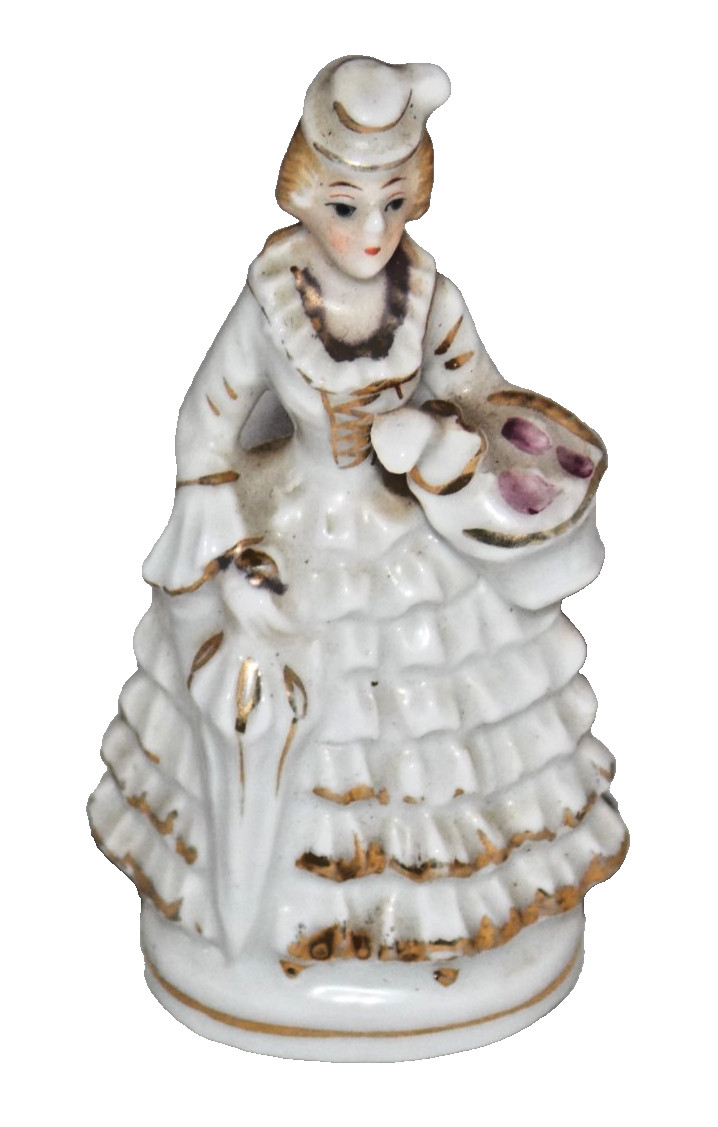 Occupied Japan Porcelain Lady Figurine White Gold 3” Tall