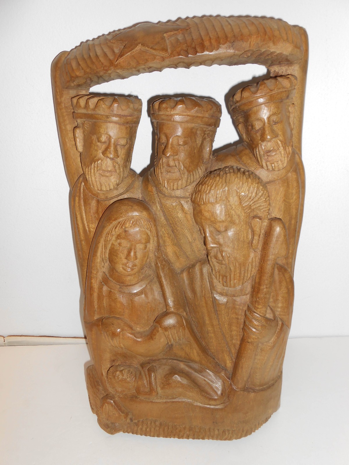 Vintage Hand Carved Teak Nativity Scene Wall Plaque Holy Family, 3 Kings signed