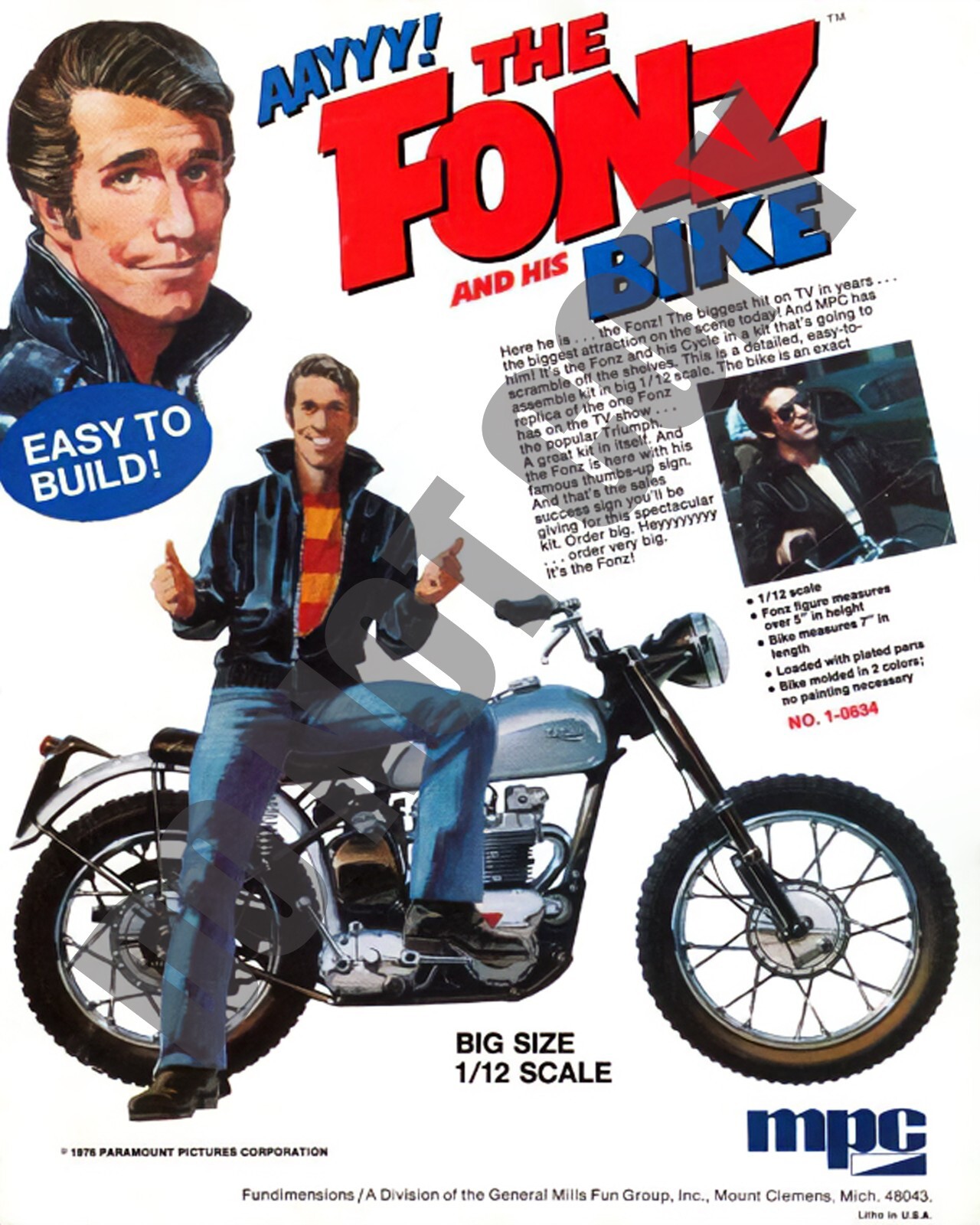1976 The Fonz and His Bike Motorcycle Triumph MPC Kit Magazine Promo 8x10 Photo