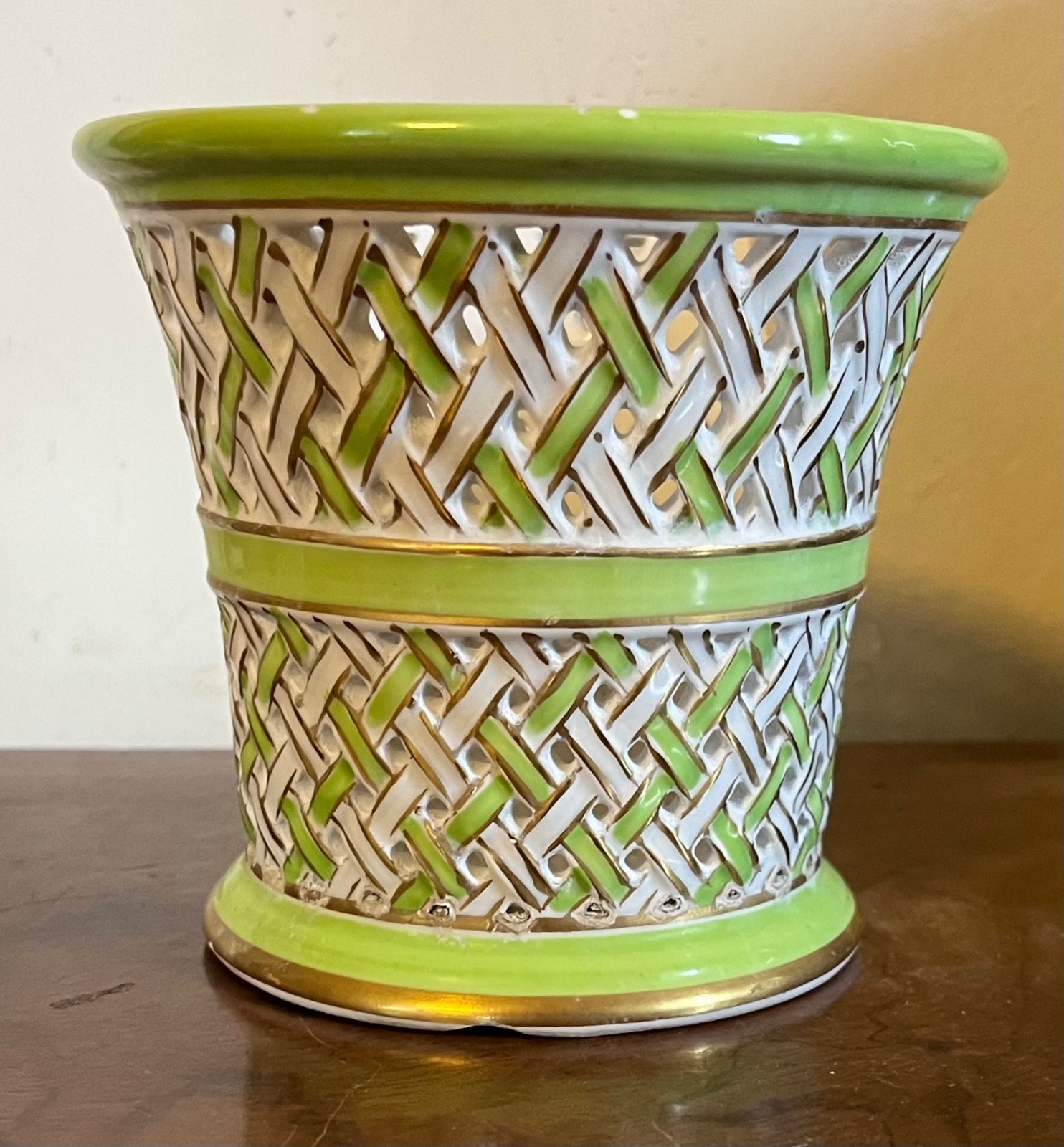 Antique Paris Porcelain Reticulated Basketweave Cachepot Planter Urn