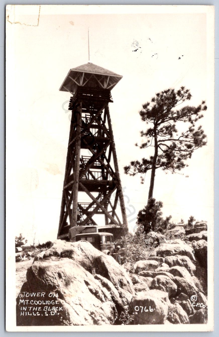 K46/ Black Hills South Dakota Postcard RPPC c1930s Mt. Coolidge Tower  90
