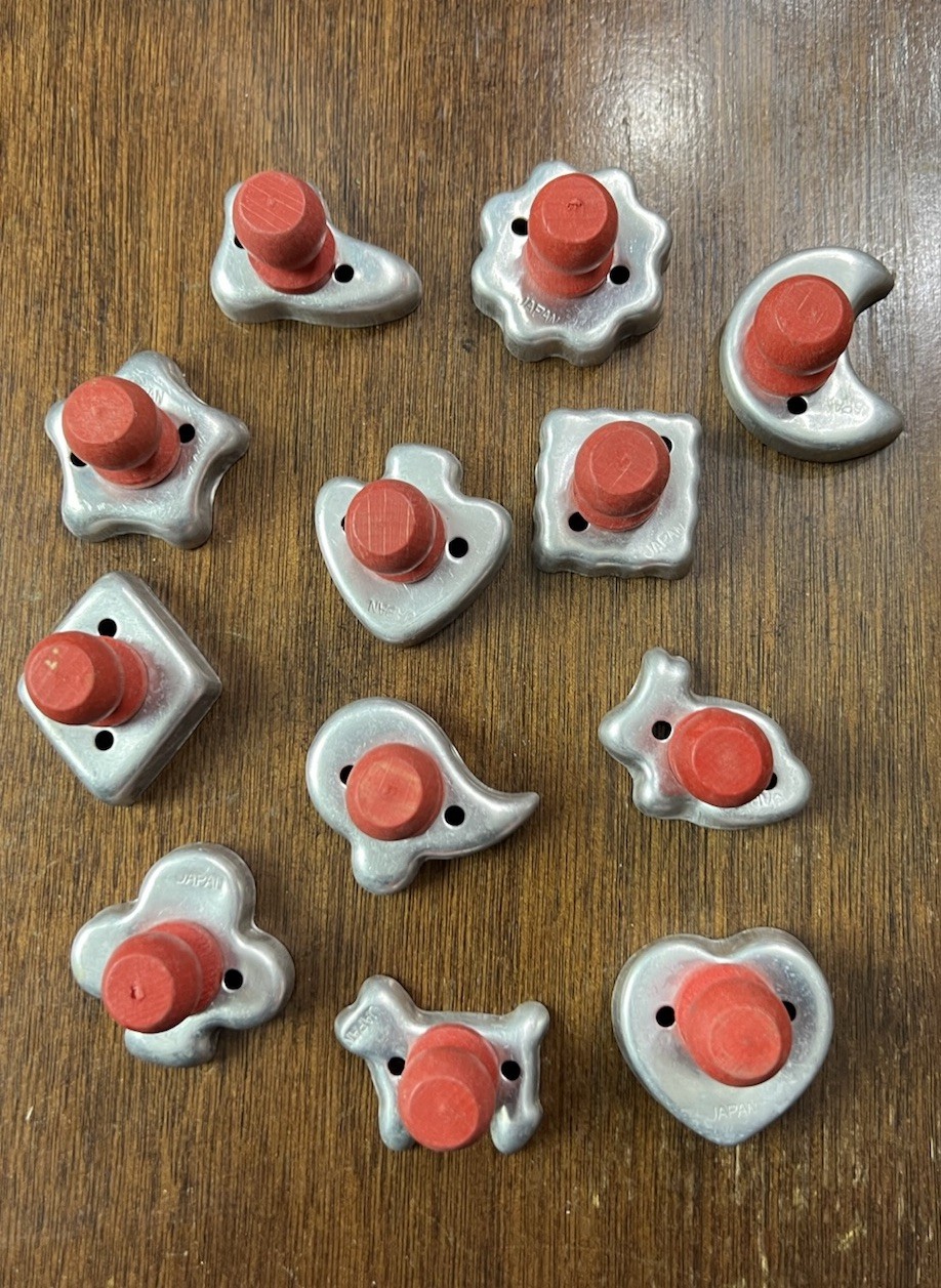 12 Vintage Japan Aluminum Cookie Cutters Red Wood Handles Dog Fish Moon Card