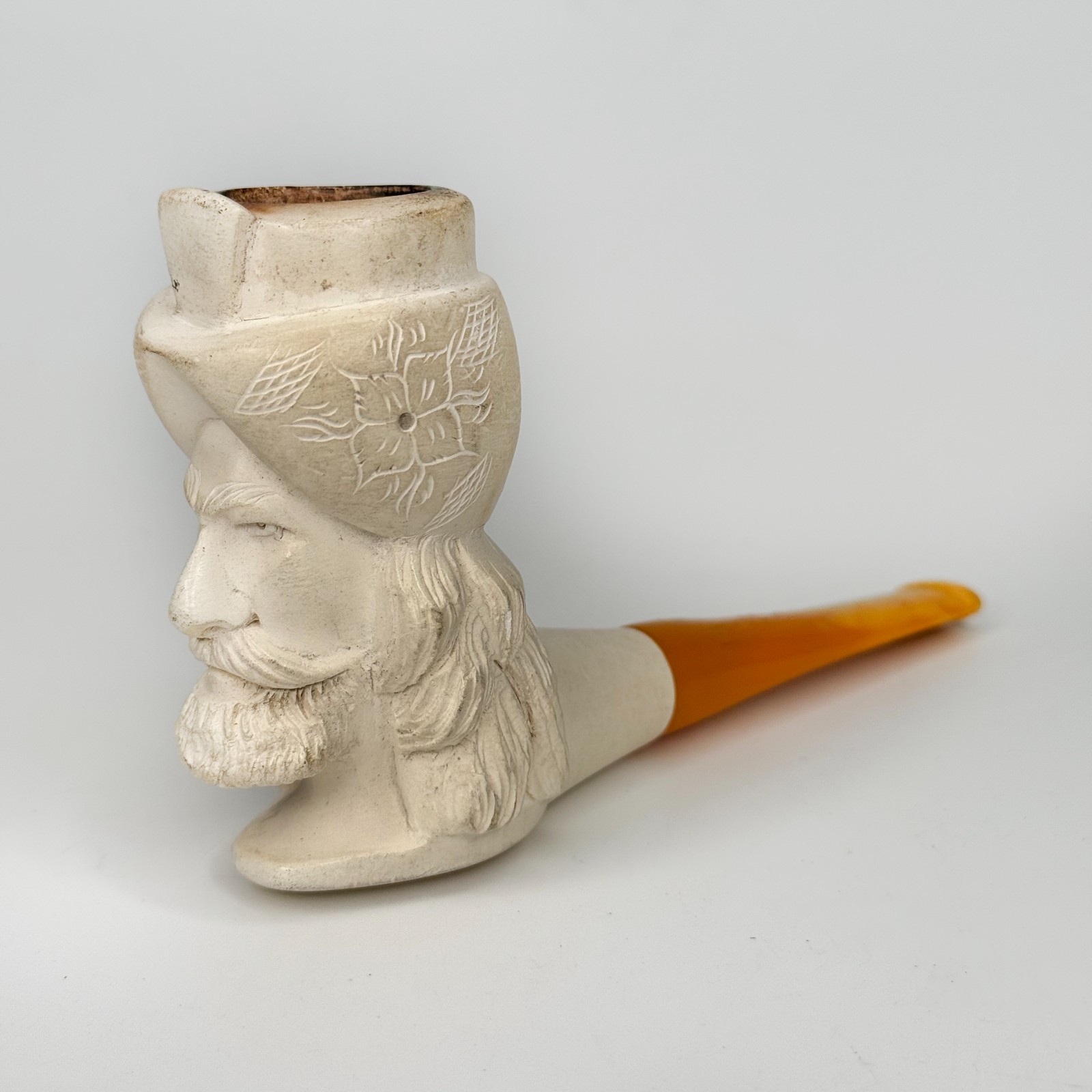 Vintage Meerschaum Pipe Carved Sultan Design Yellow Stem Pre-owned