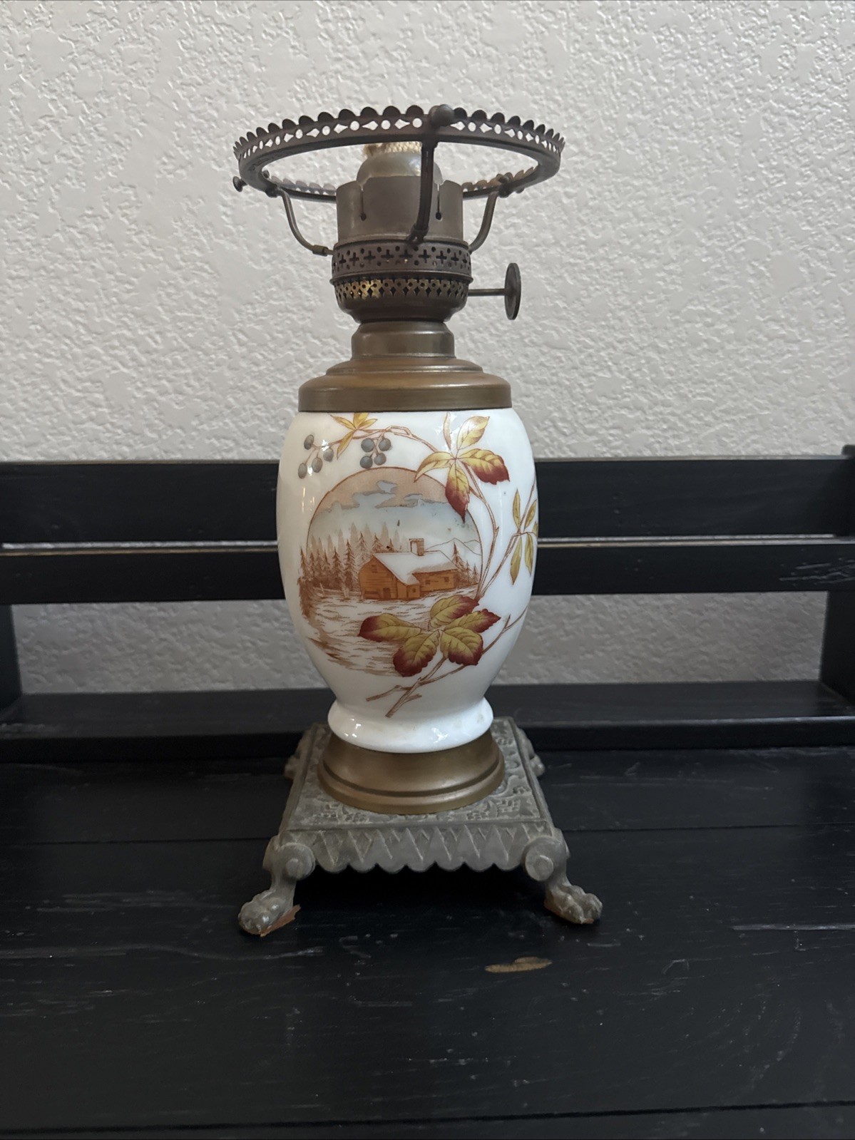 Antique H.G.Moehring Fall/Winter Painted Scene Milk Glass Oil Lamp Burner