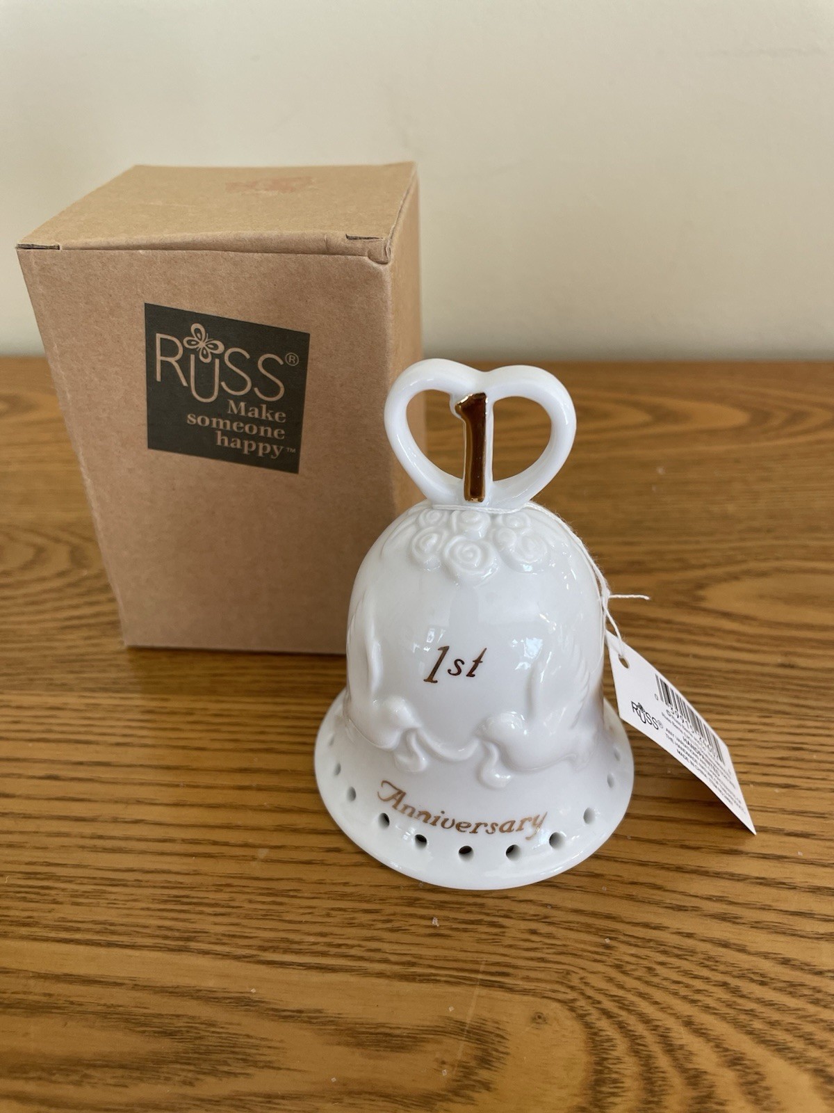 First Anniversary Porcelain Bell with Doves New Russ Collectible Gift with Box