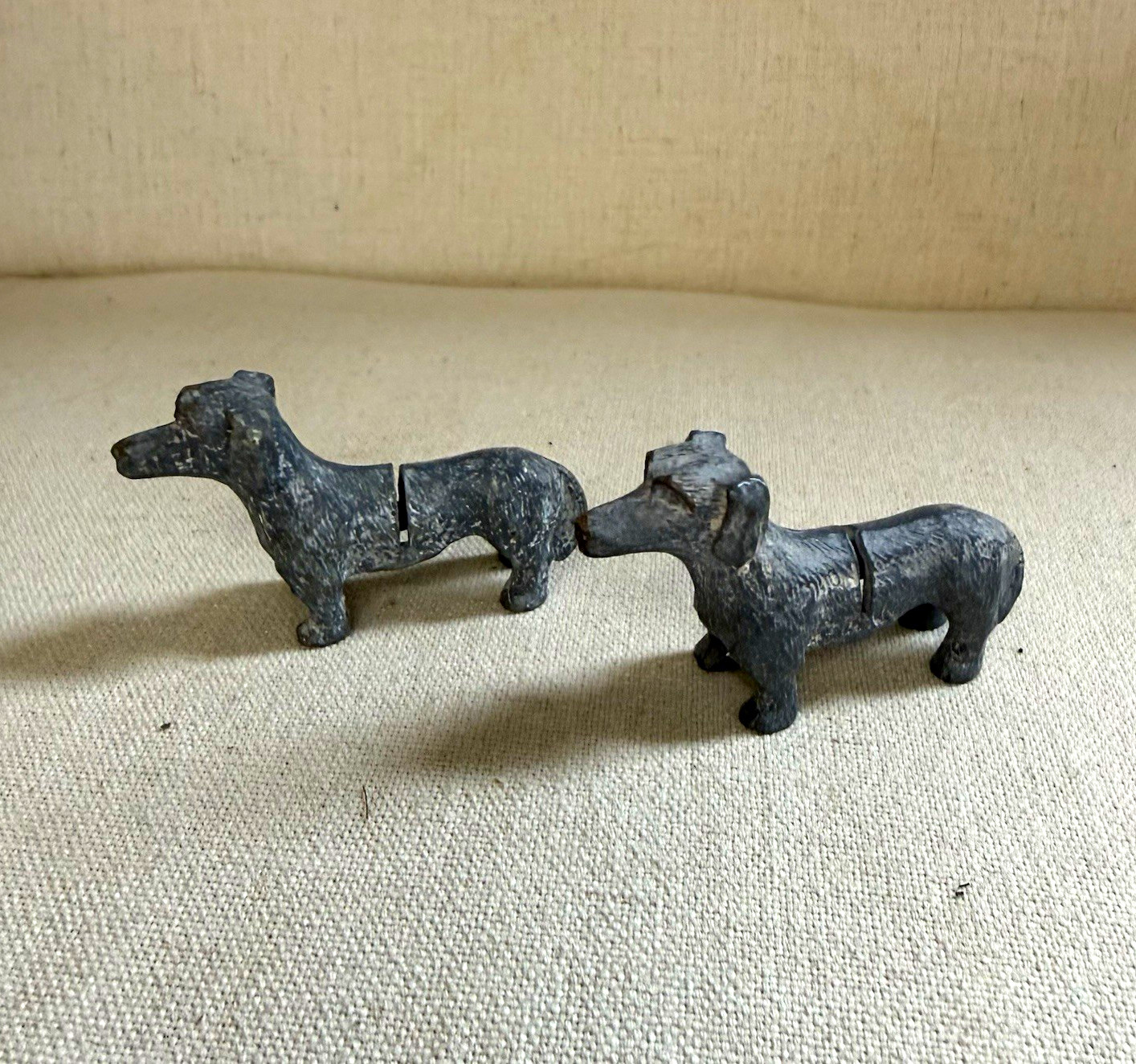 Vintage Articulated Pewter Dog Figurines Pair Jointed Miniature Dogs