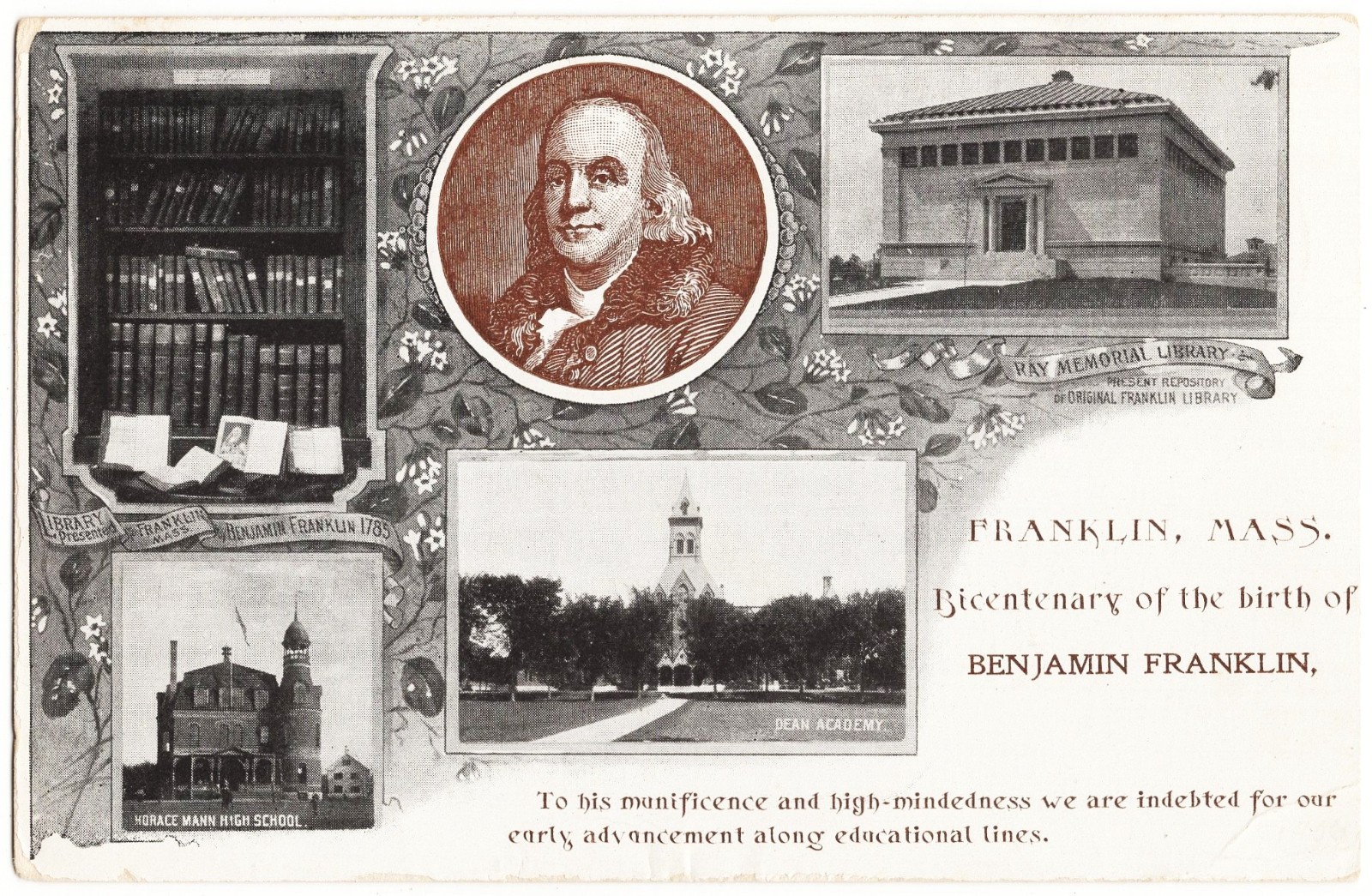 Franklin MA - Bicentenary Of The Birth Benjamin Franklin m. 1906 antique pc