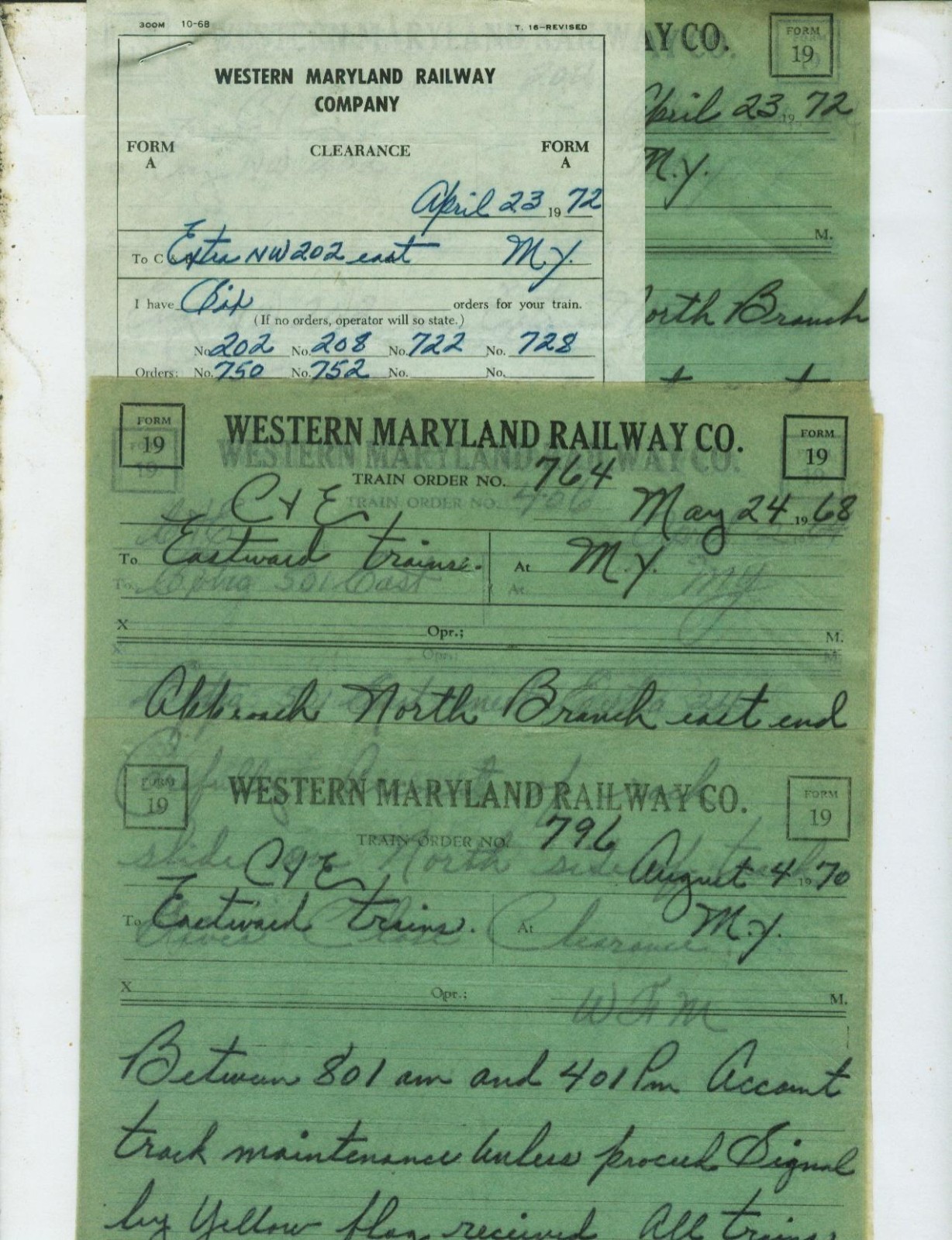 WESTERN MARYLAND RY. TRAIN ORDERS (15) MY (CUMBERLAND) MARYLAND  1962 - 1972.