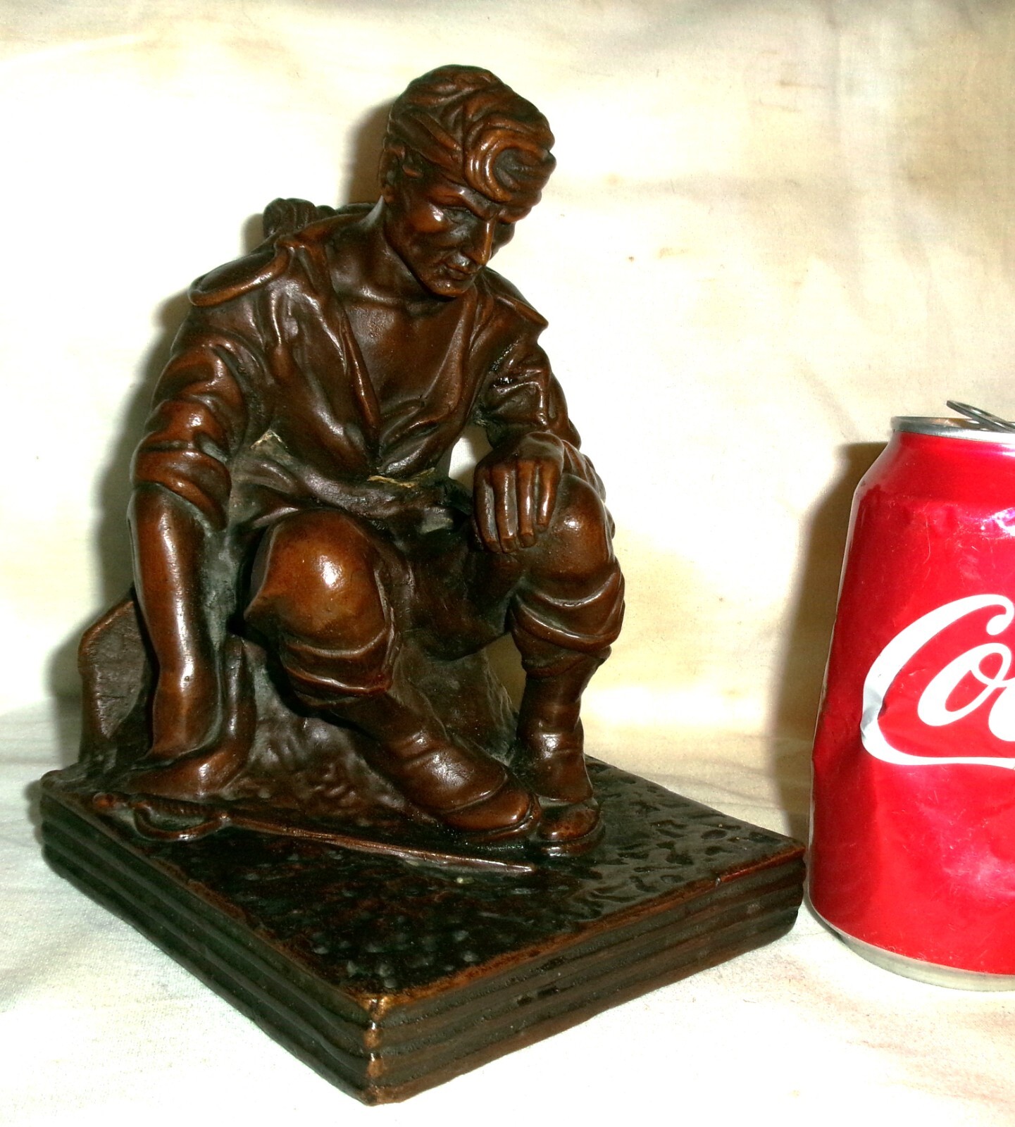 ANTIQUE K.B.W. WOUNDED ARMY SOLDIER BRONZE CLAD MILITARY SWORD SCULPTURE STATUE