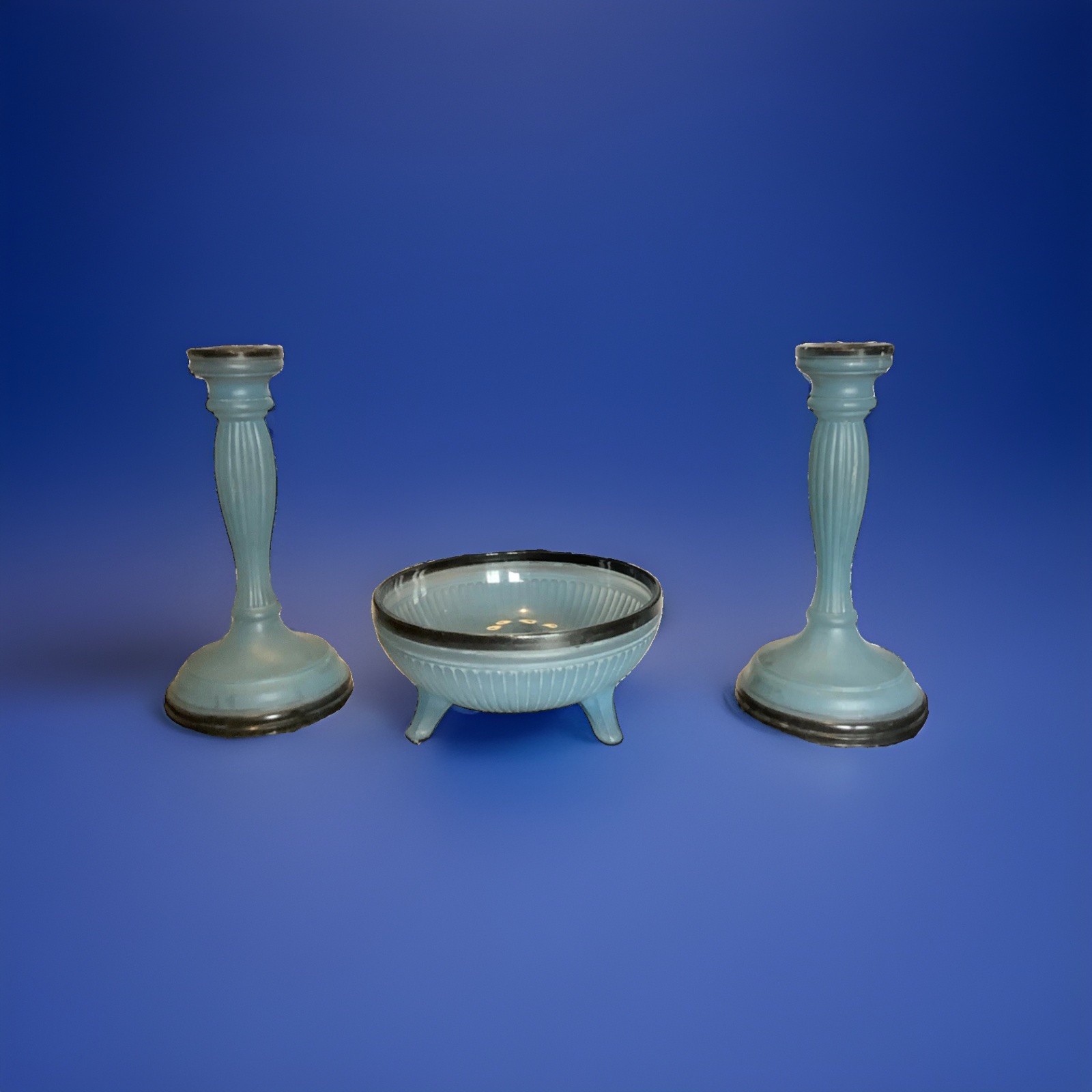 Fostoria For Indiana Glass Co Duchess Tiara Pale Blue and Black Candlesticks