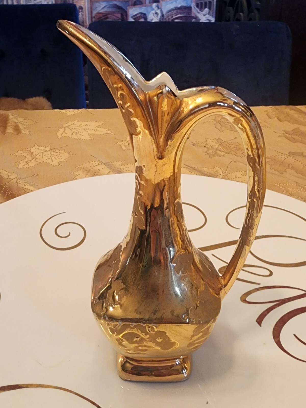 Savoy Brocade Weeping Gold Pitcher Ewer Vase Mid-Century Modern MCM Mottled Savoy Brocade Weeping Gold Pitcher Ewer Vase Mid-Century Modern MCM Mottled