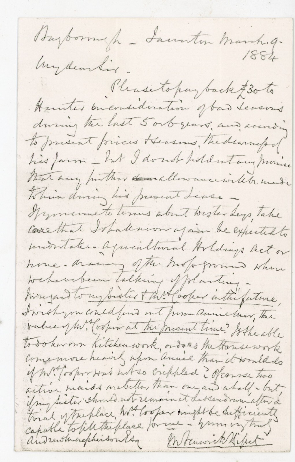 1884 Agricultural Lease Letter Fenwick Skipwith to John Hunter Taunton England