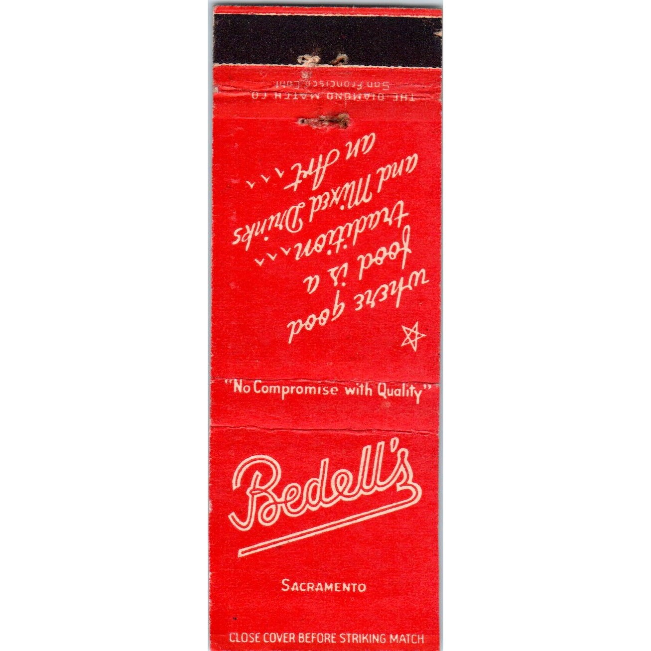 Bedell\'s Restaurant Sacramento California Advertising Matchbook Cover MM8-8