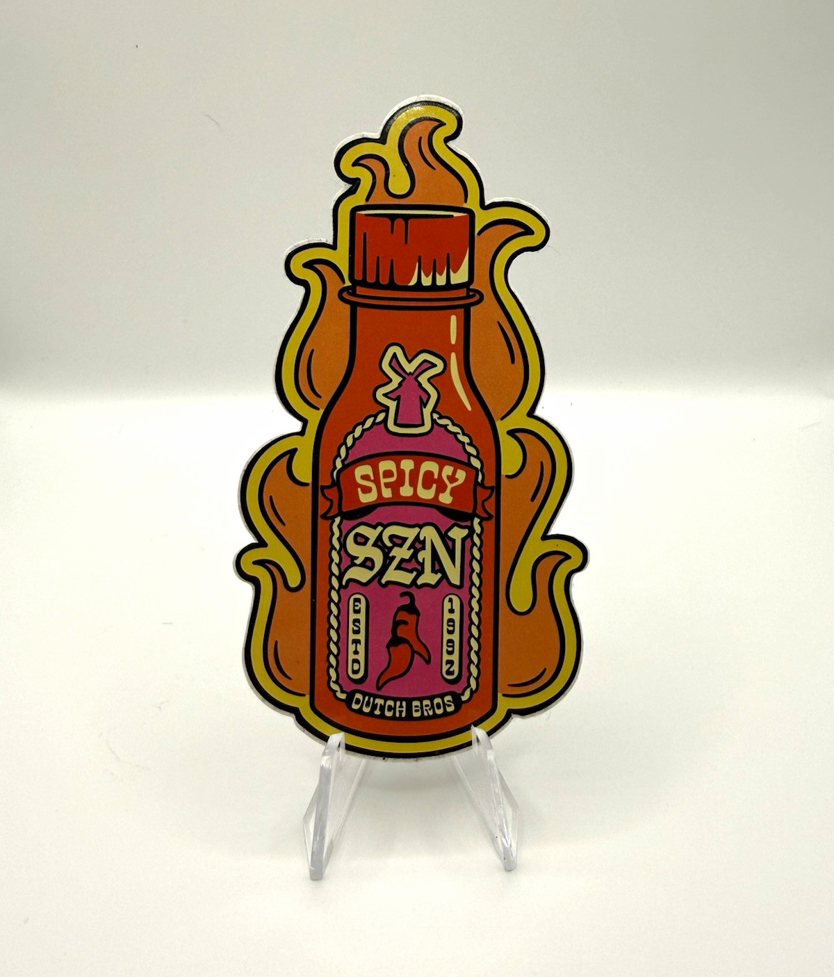 Dutch Bros Spicy SZN Hot Sauce Sticker May 2023 Flames Coffee Decal