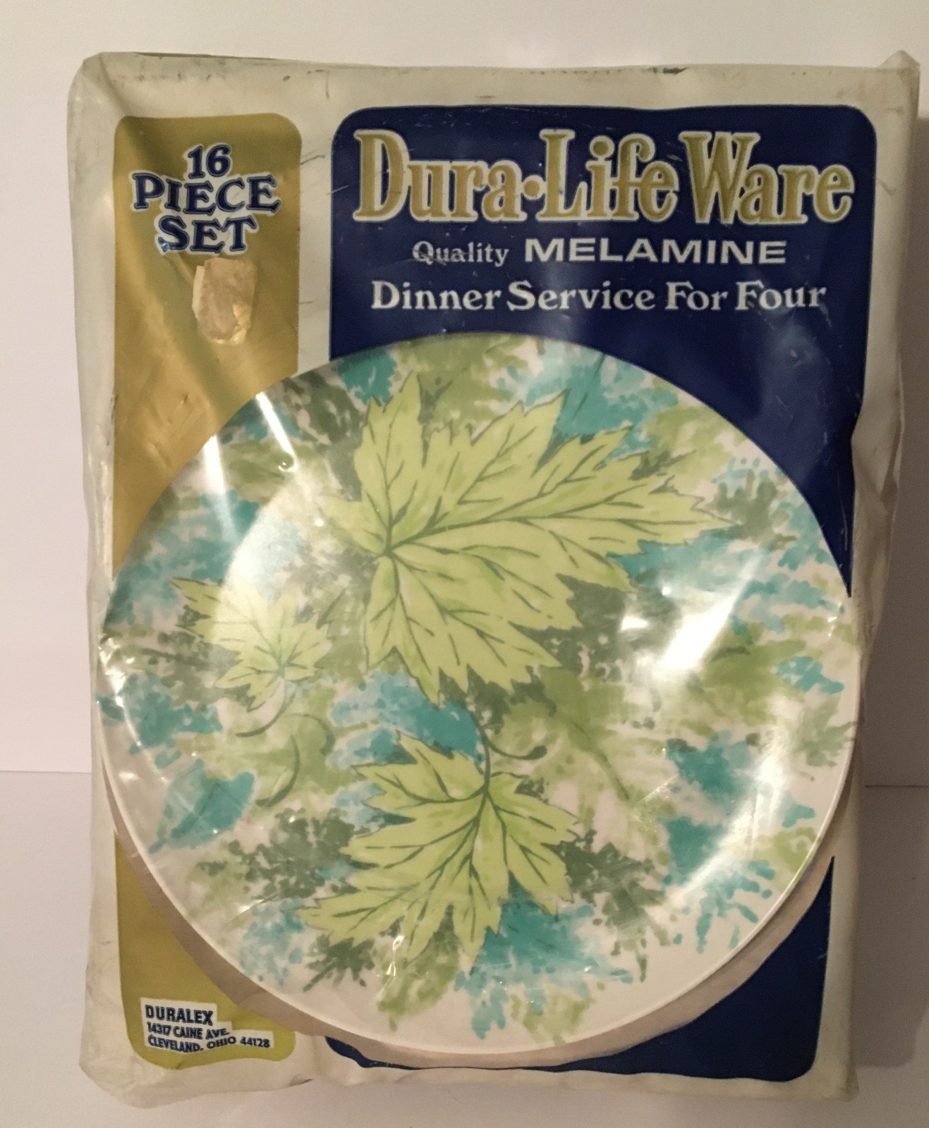 Vintage Dura-Life Melamine 16 Piece Dinner Serve for Four Leaf Pattern NOS Vintage Dura-Life Melamine 16 Piece Dinner Serve for Four Leaf Pattern NOS