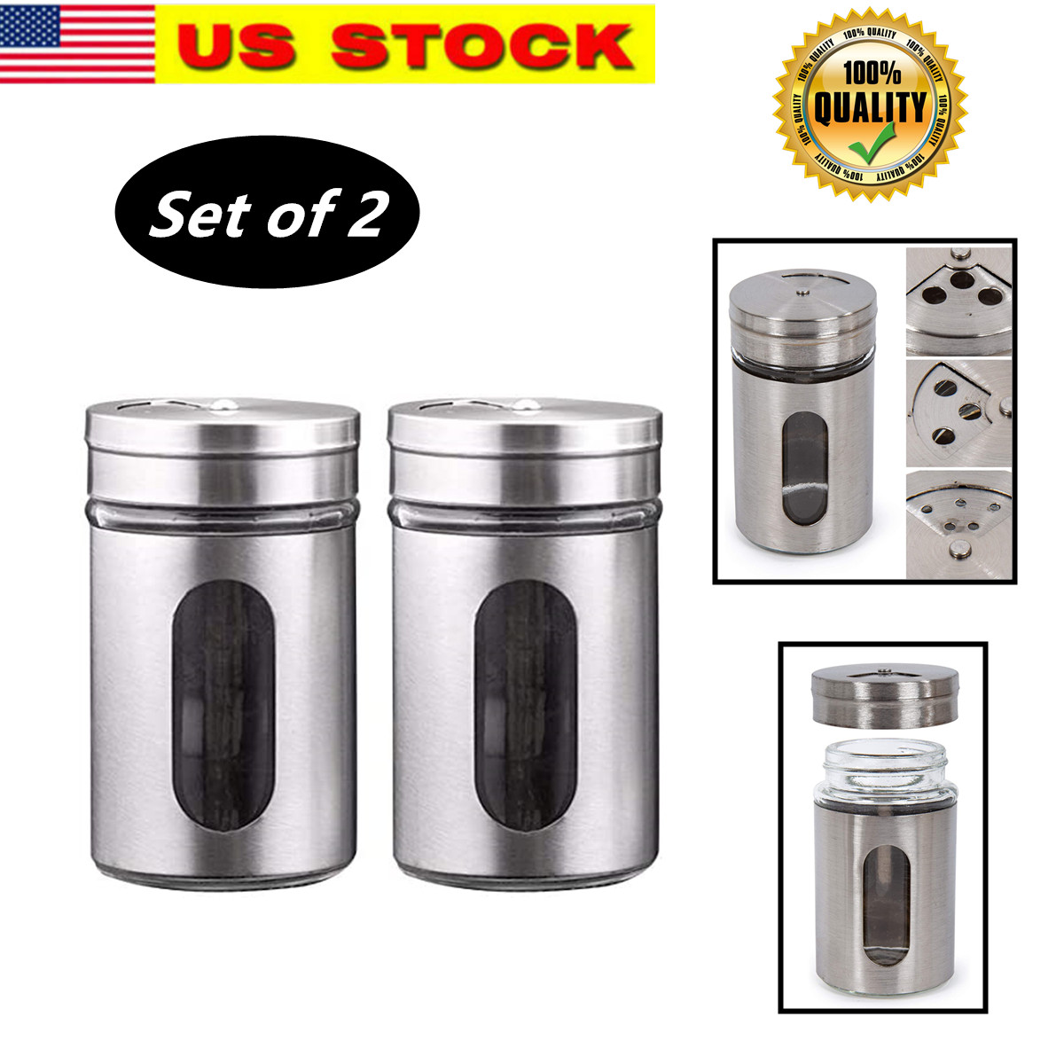 Set of 2 Salt and Pepper Shakers Stainless Steel Glass Set-Elegant Design