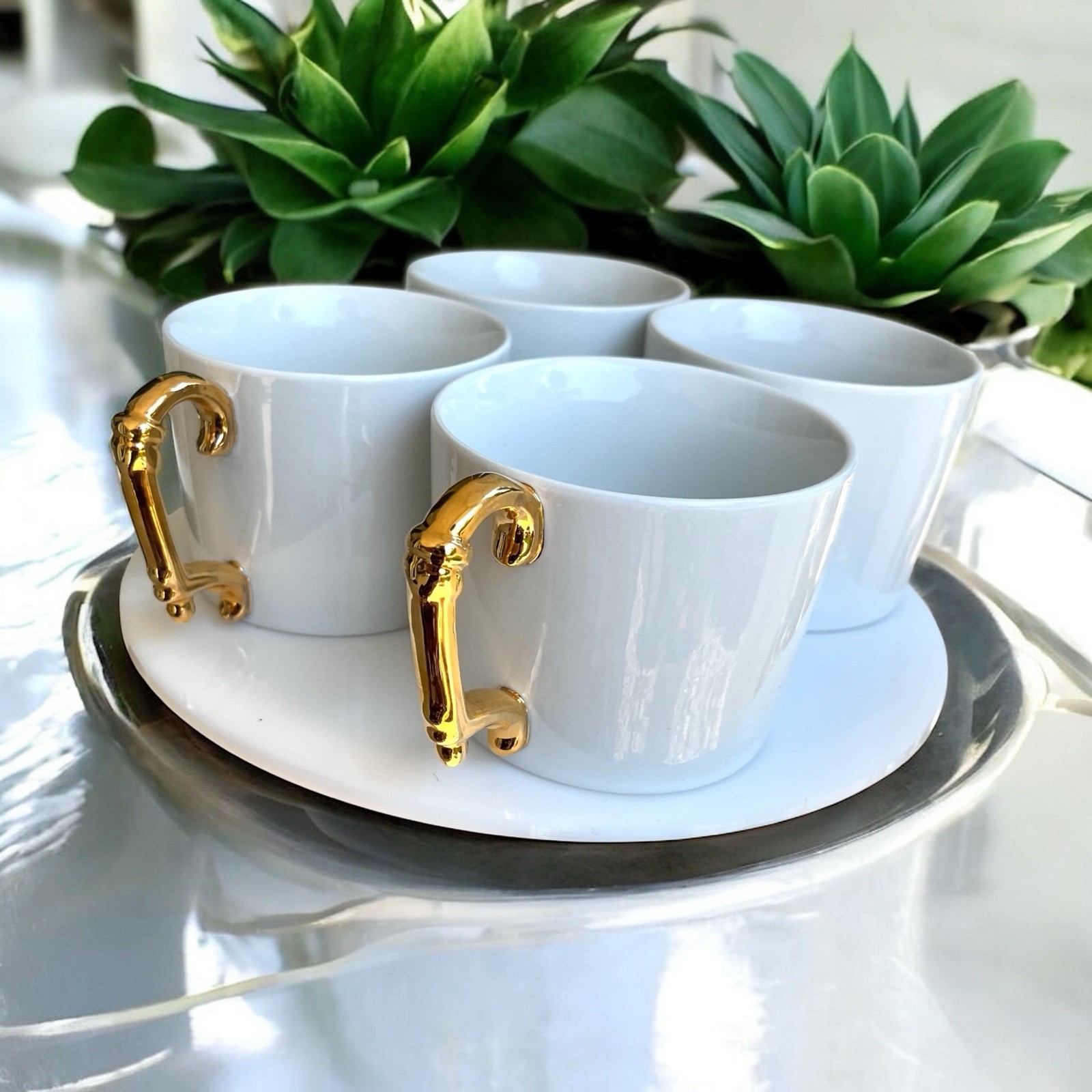 Starbucks By Rosanna White Porcelain Coffee Tea Mug Baroque Gold Handle Set Of 4