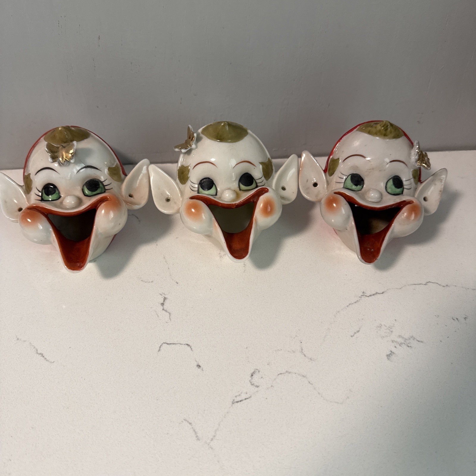 3 Vtg Porcelain Pixie Elf Ashtray 50’s Japan Gold Butterfly  Incense READ
