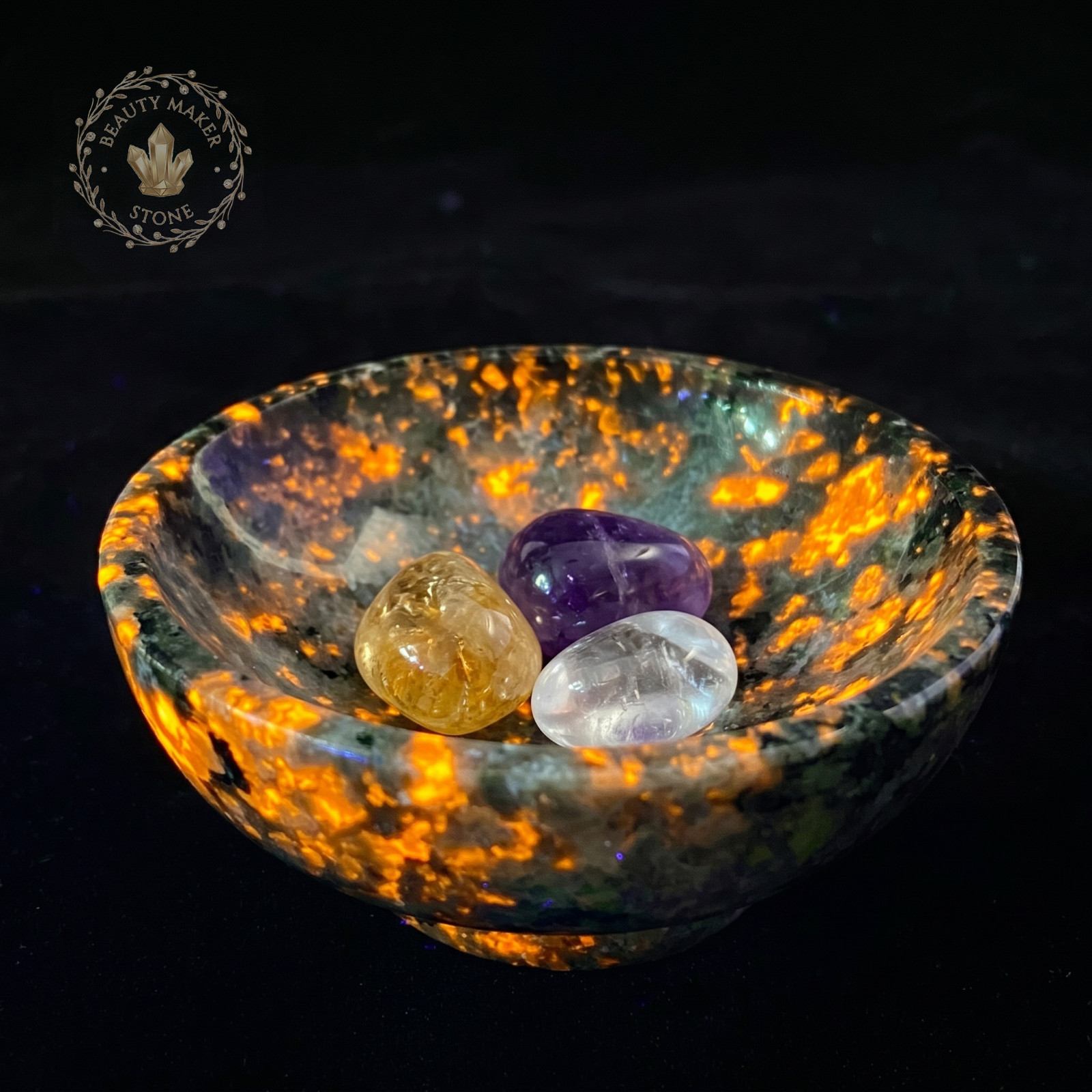Yooperlite UV Reactive Crystal Bowl Glowing Flame Stone Meditation Decor 2.5In