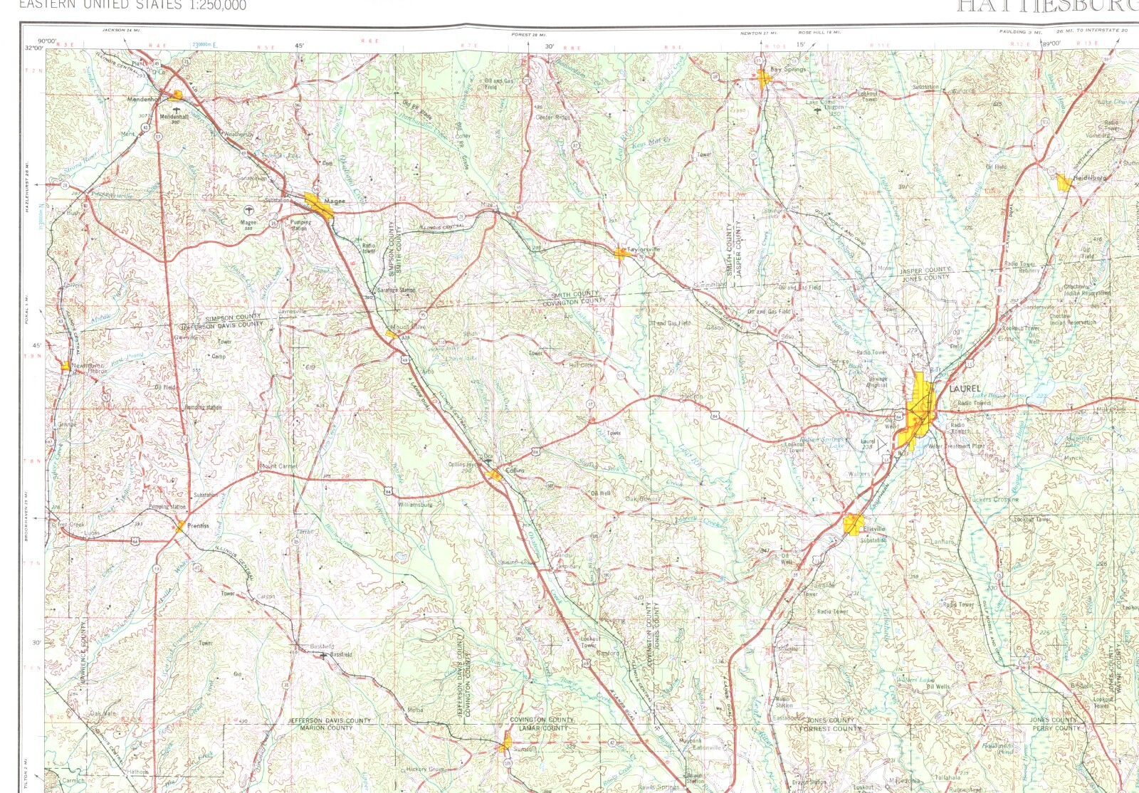Hattiesburg, Mississippi-Alabama 1970 Topo Map US Army USGS 1:250000 Scale