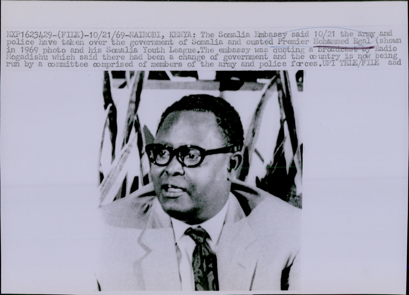 LG863 1969 Wire Photo PREMIER MOHAMMED EGAL Somalia Youth League Nairobi Kenya