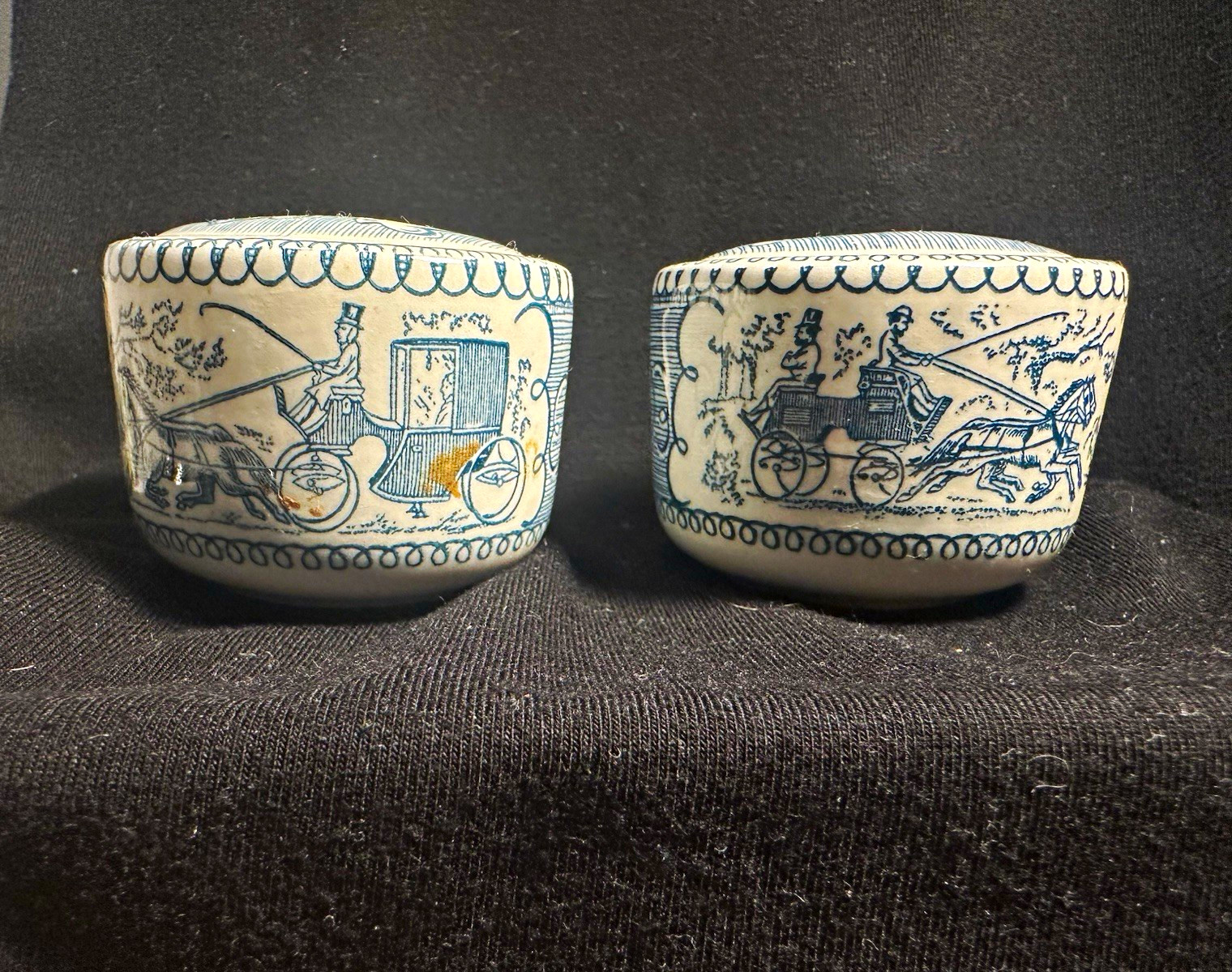 Vintage Blue & White Ceramic Salt Pepper Shakers Horse Carriage Coach Cups