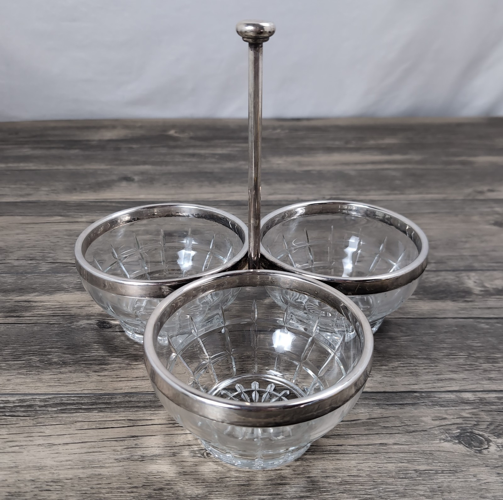 Glass Trio Condiment Tray Italy Etched With Silver Plated Metal Handle Caddy Vtg