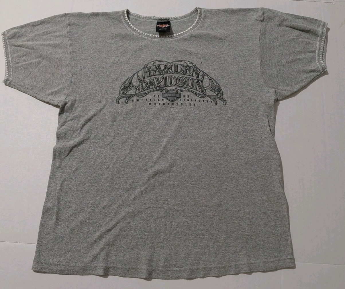 Vintage Y2K Harley Davidson Shirt XXL Grey Lettuce Edge Dolman Sleeve 2002