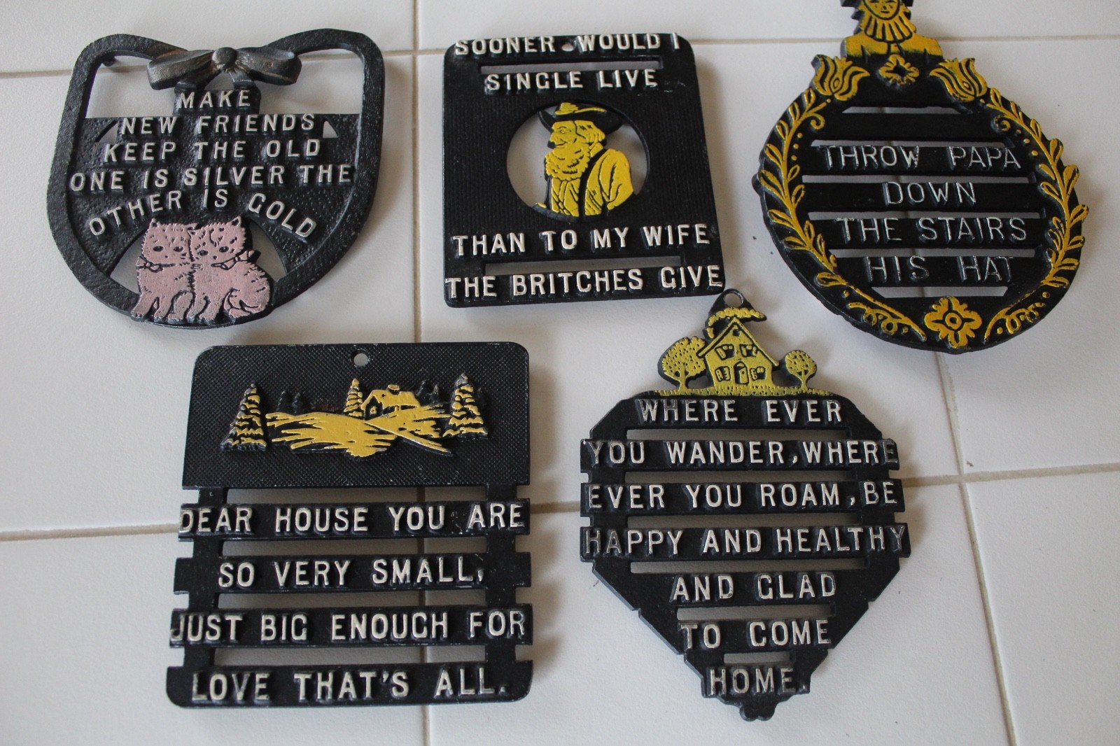 5 Vintage  Metal Trivet Lot Funny Gift Kitchen Decor Wall Art Retro