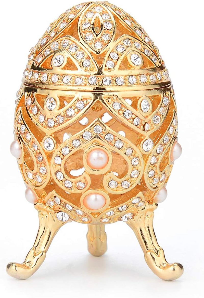Faberge Egg Jewelry Trinket Box with Hinged Classic Hand-Painted Ornaments Metal