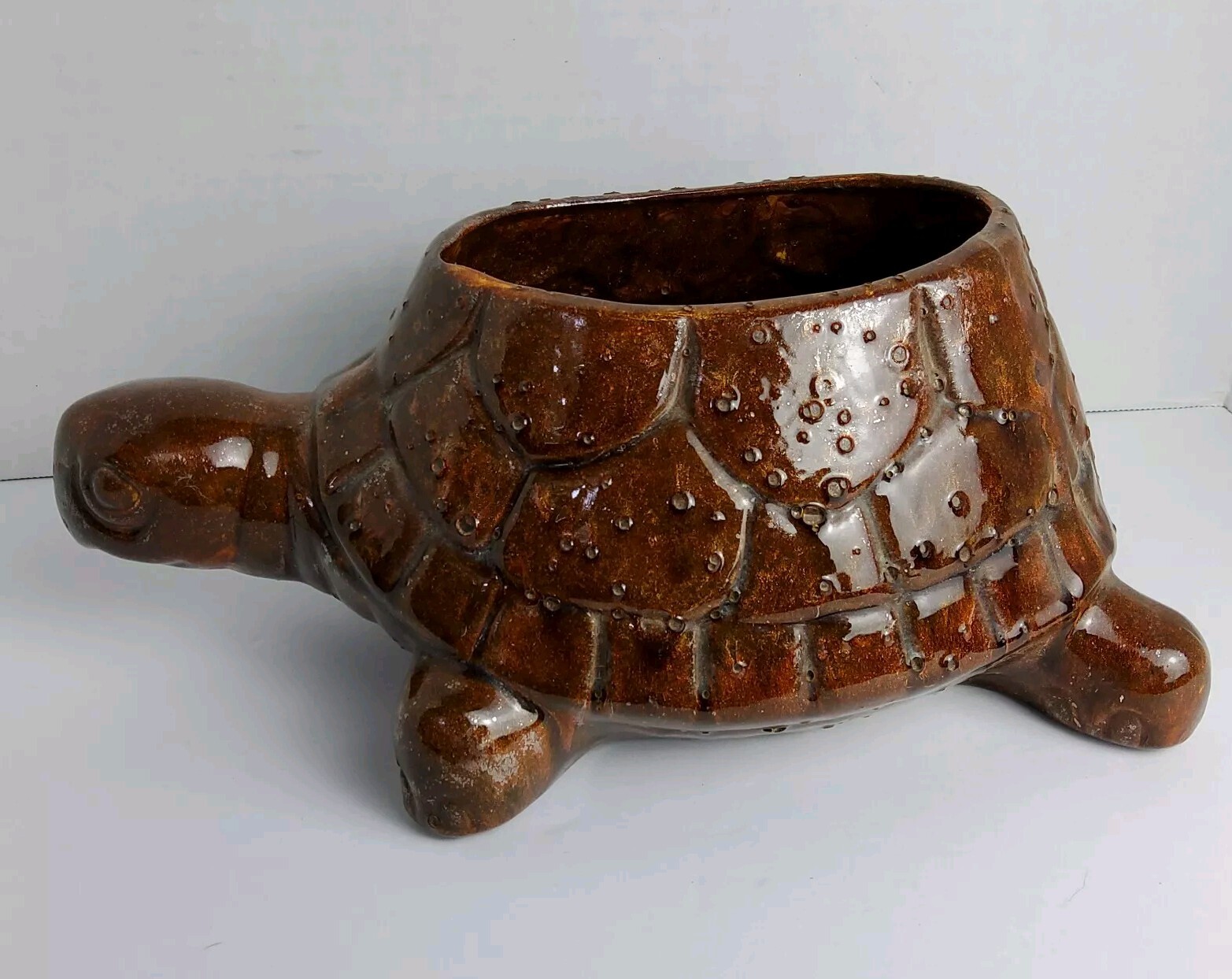 Vintage Ceramic Turtle Planter Tesoro Art Pottery Brown Glazed