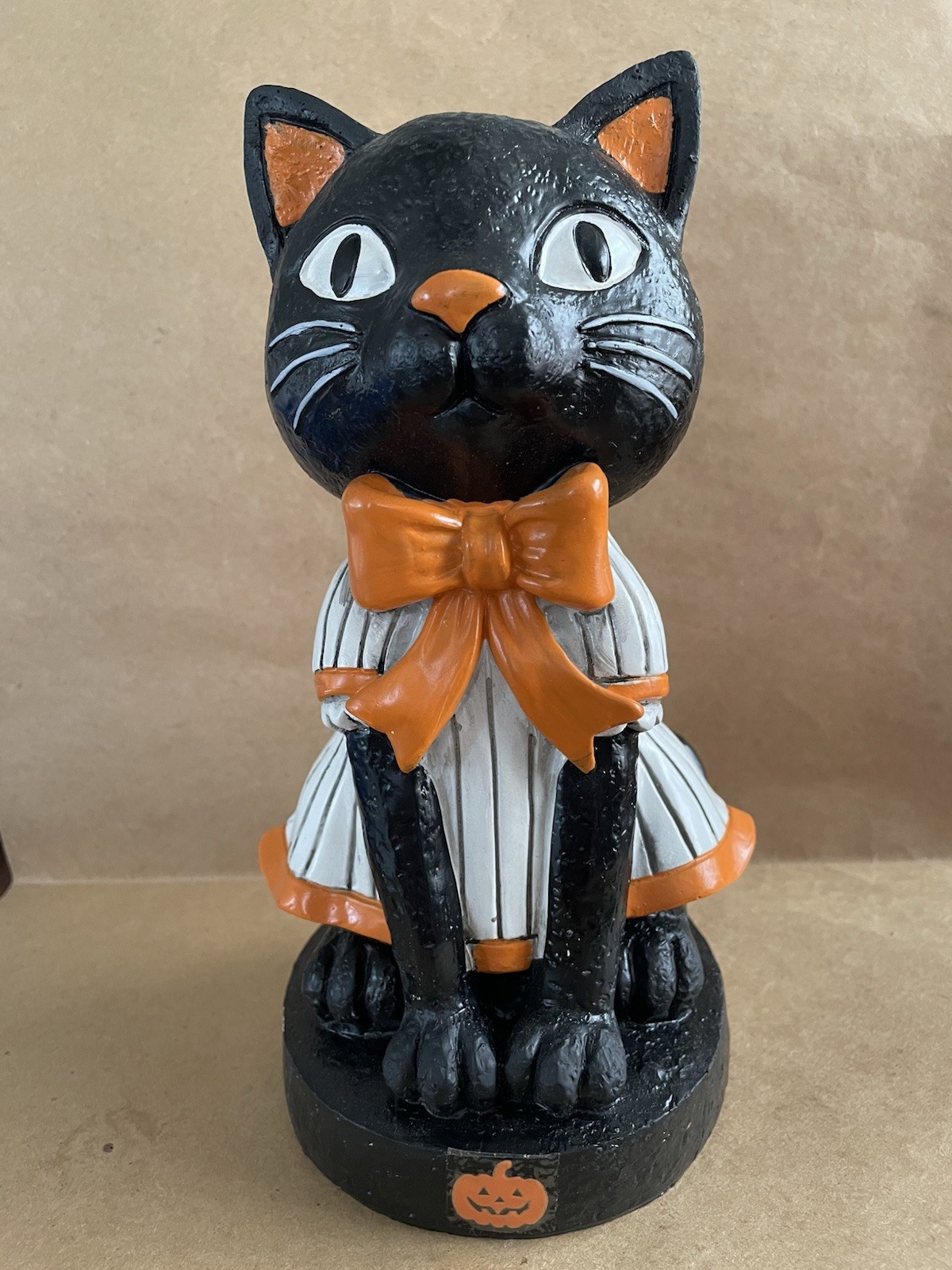 Retro Halloween Black Cat Figurine with Striped Dress & Orange Bow Resin Retro Halloween Black Cat Figurine with Striped Dress & Orange Bow Resin
