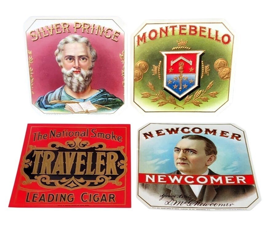 4 Antique Cigar Box Labels Embossed Gold Lithograph Newcomer Traveler Montebello