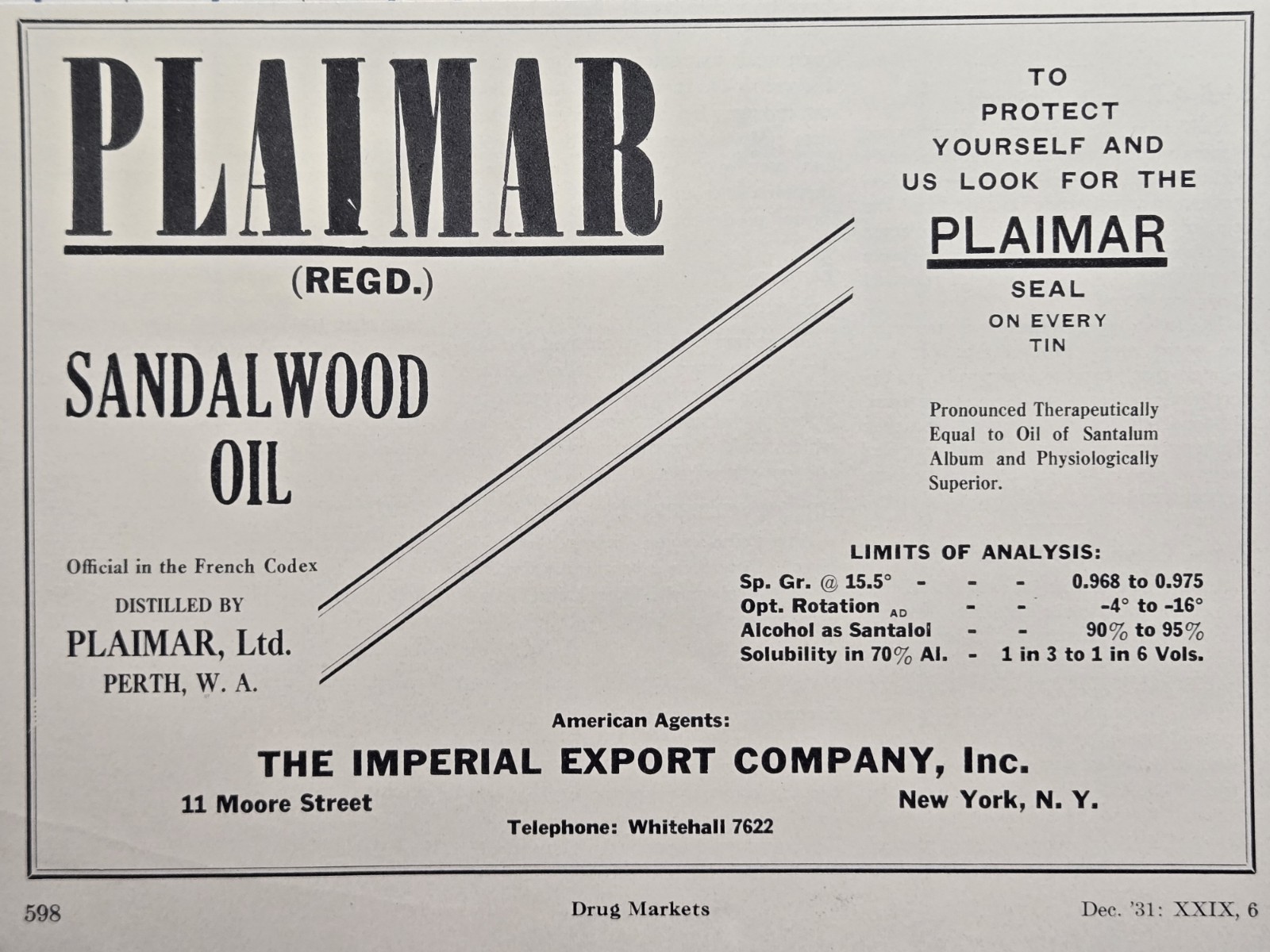 Plaimar Sandalwood Oil Print Ad 1931 - Perth WA American Agents Imperial Exports