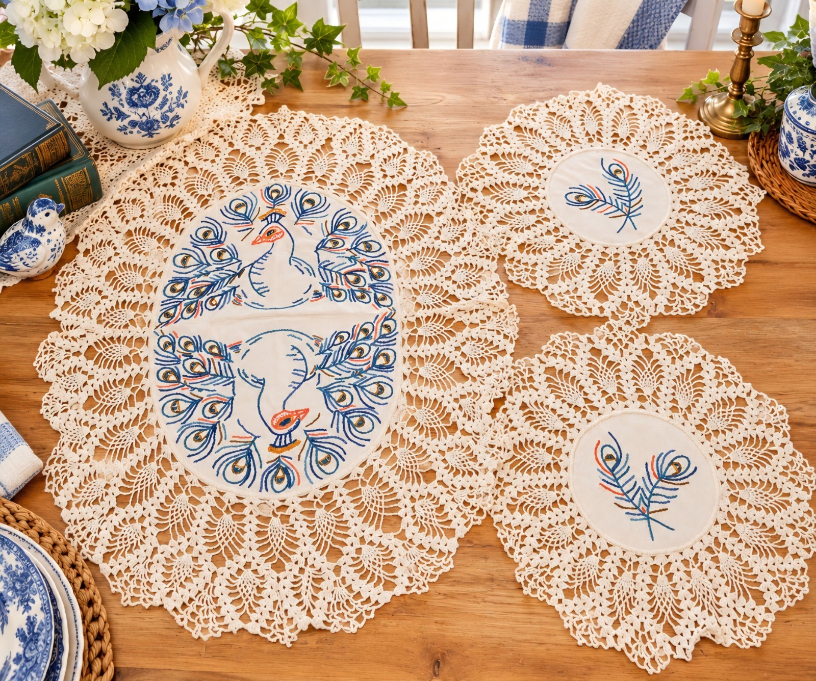 Vtg 1950–1954 Handmade Crochet & Hand-Embroidered Peacock 3-Piece Doily Set