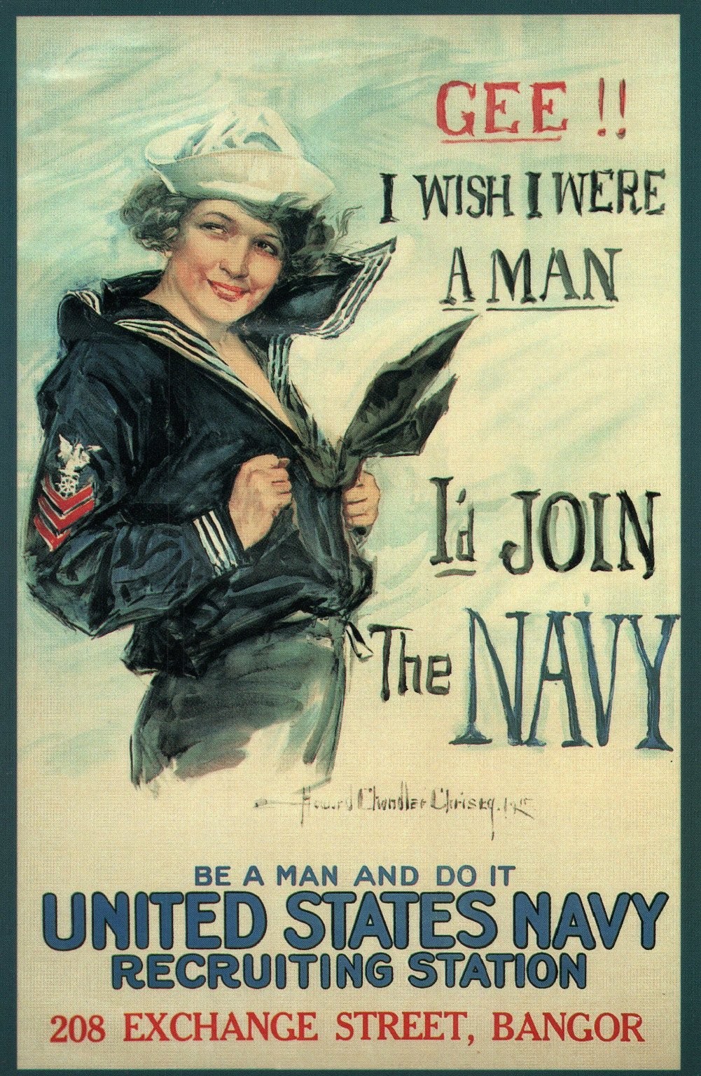 WWI US Navy Recruiting Christie Gee I Wish I Were A Man Bangor ME Postcard