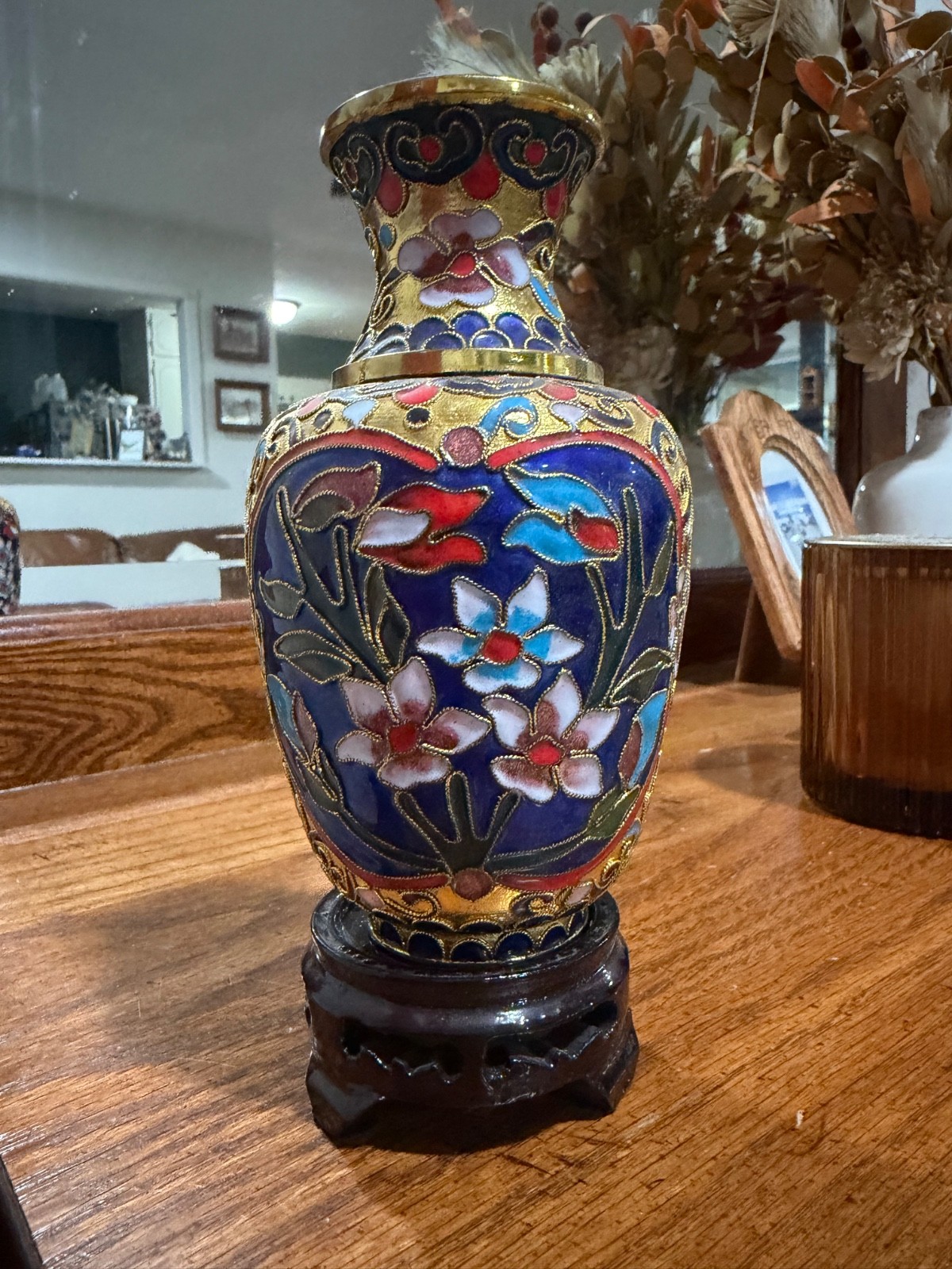 Vintage Chinese Cloisonné Floral Enamel Vase 6” Tall with Stand