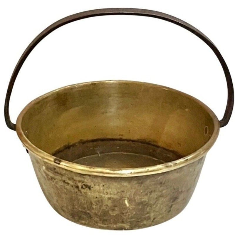 Antique 18th C Brass Cooking Kettle Iron Bail Handle Primitive Folk Camp Pot