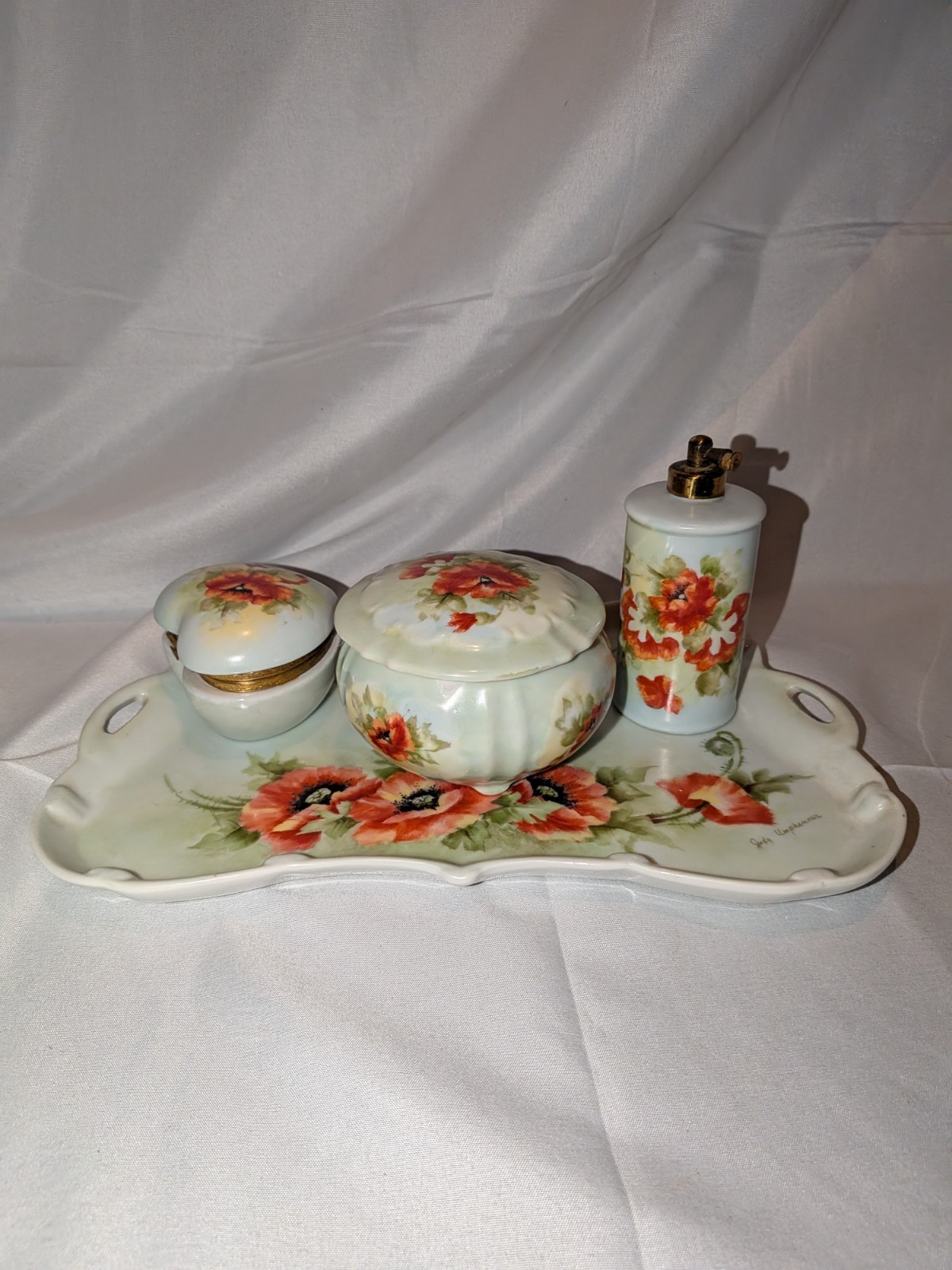 Vintage Hand-Painted Porcelain Tray, 2 Trinket Boxs, & Purfum Bottle