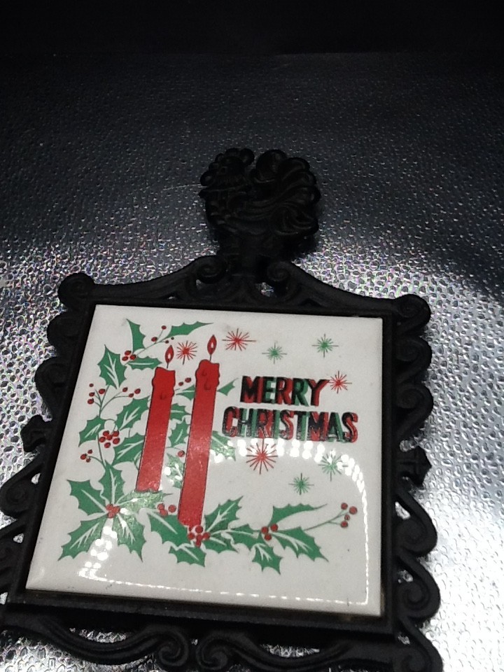 Vintage Artmark Merry Christmas Ceramic Tile Trivet Rooster Cast Iron Holiday